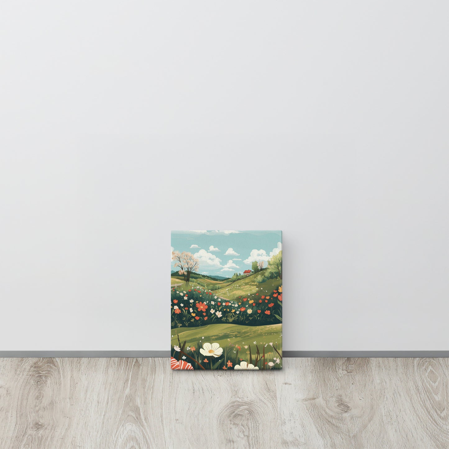 Detailed landscape art on a thick gallery-wrapped canvas showing the rolling green hills and blooming flora of the Danish countryside. Hand-stretched sustainable wall art by Sweet & Savage.