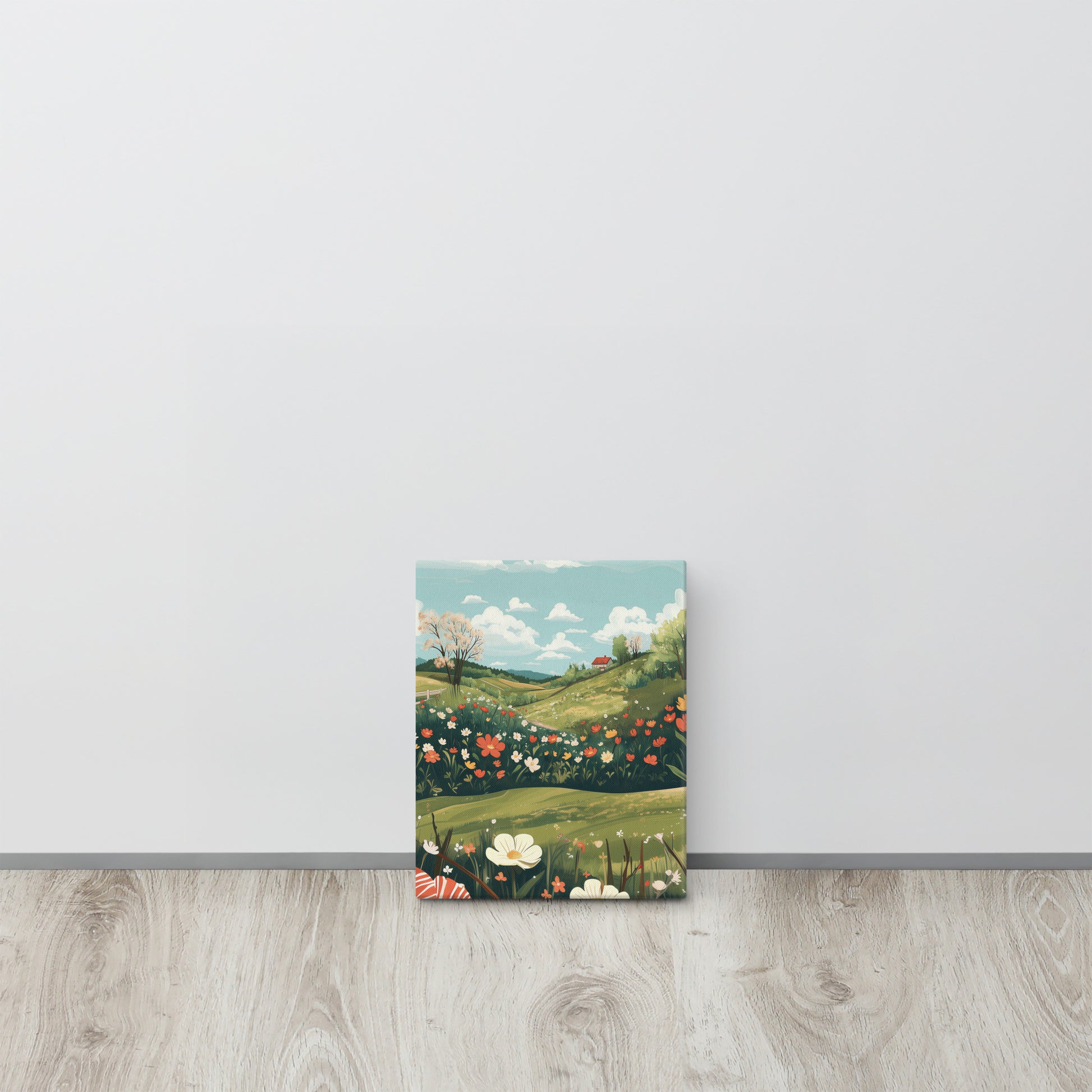 Detailed landscape art on a thick gallery-wrapped canvas showing the rolling green hills and blooming flora of the Danish countryside. Hand-stretched sustainable wall art by Sweet & Savage.