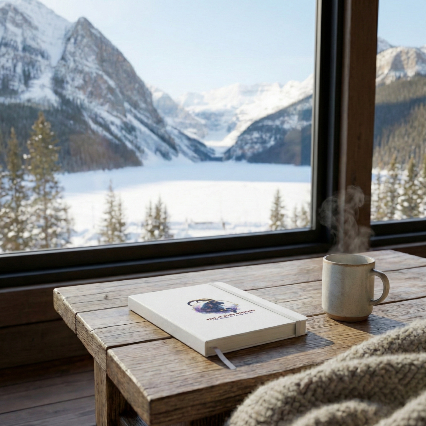 A cozy lifestyle mockup of a white hardcover Capricorn zodiac journal on a rustic wooden table inside a Nordic cabin. The notebook features a purple celestial goat illustration and the quote 'Born to Climb Mountains both literal and metaphorical.' 