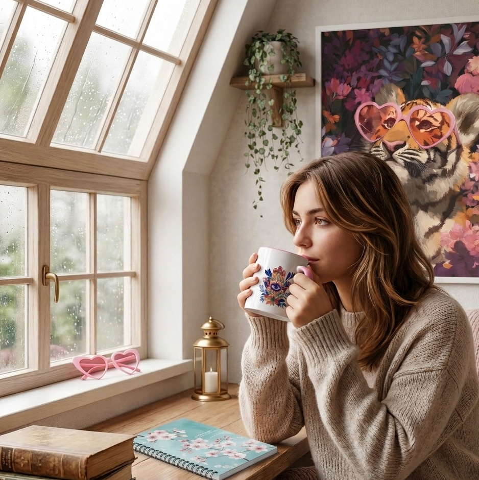 A young woman in a cozy beige sweater sips from a floral hamsa mug by a rainy window, featuring a framed maximalist tiger cub poster and a cherry blossom spiral notebook on a wooden desk.