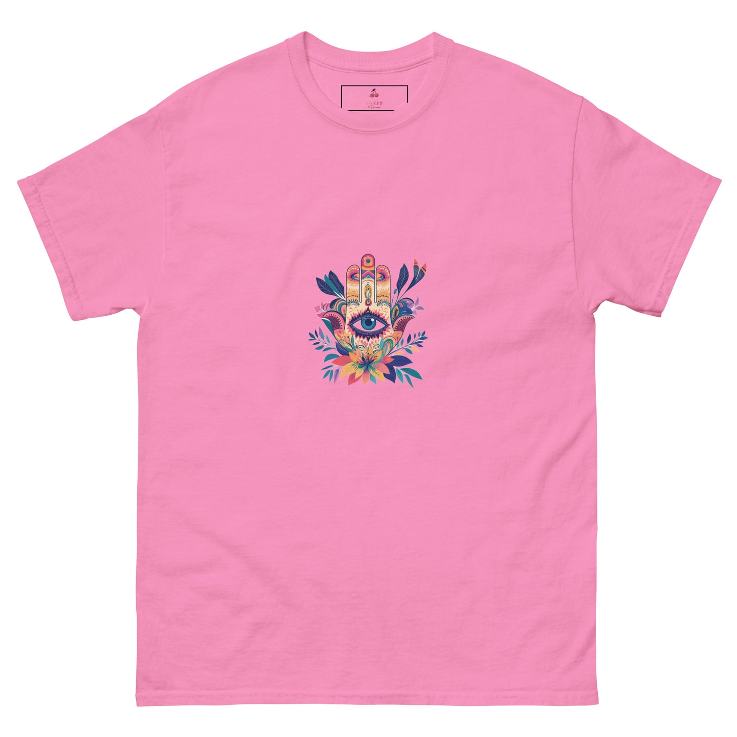 Women's azalea t-shirt featuring a colorful "Ultimate Mantra" crest graphic, soft sustainable cotton, made-to-order by Sweet & Savage.