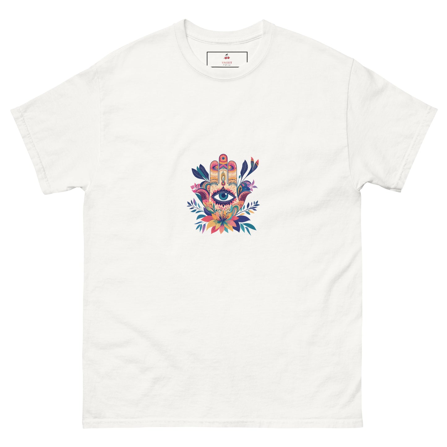 Women's white t-shirt featuring a colorful "Ultimate Mantra" crest graphic, soft sustainable cotton, made-to-order by Sweet & Savage.