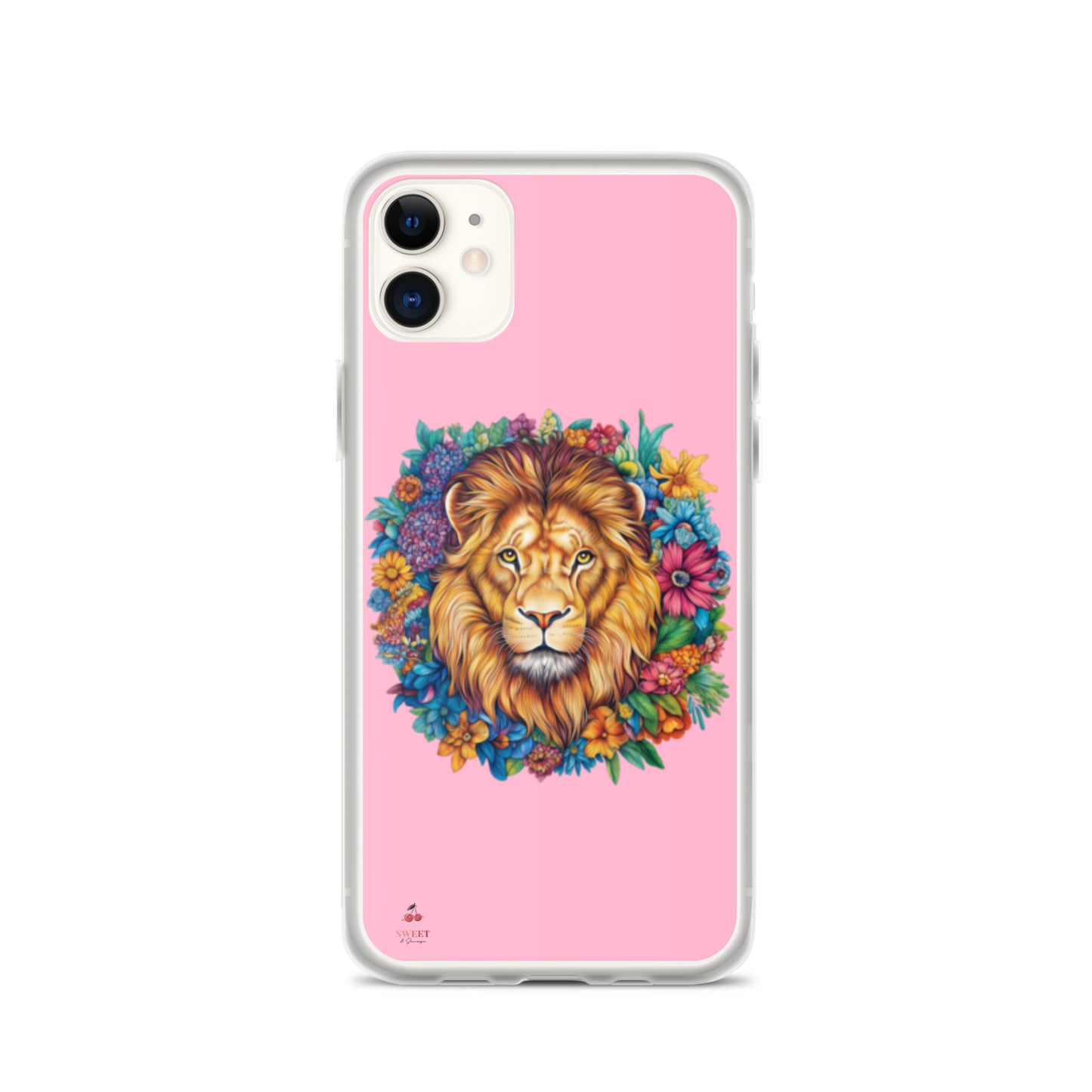Clear iPhone® case featuring an artistic lion with a colorful floral crown on a soft pink background.
