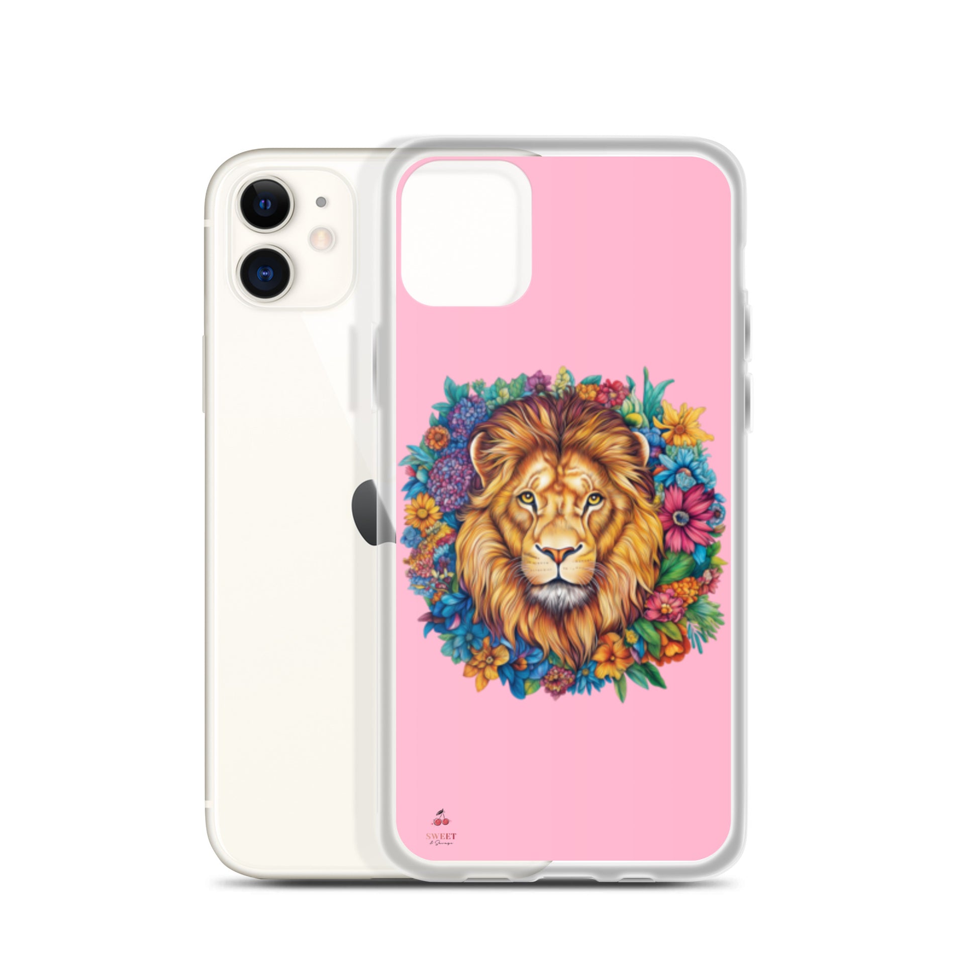 Clear iPhone® case featuring an artistic lion with a colorful floral crown on a soft pink background.