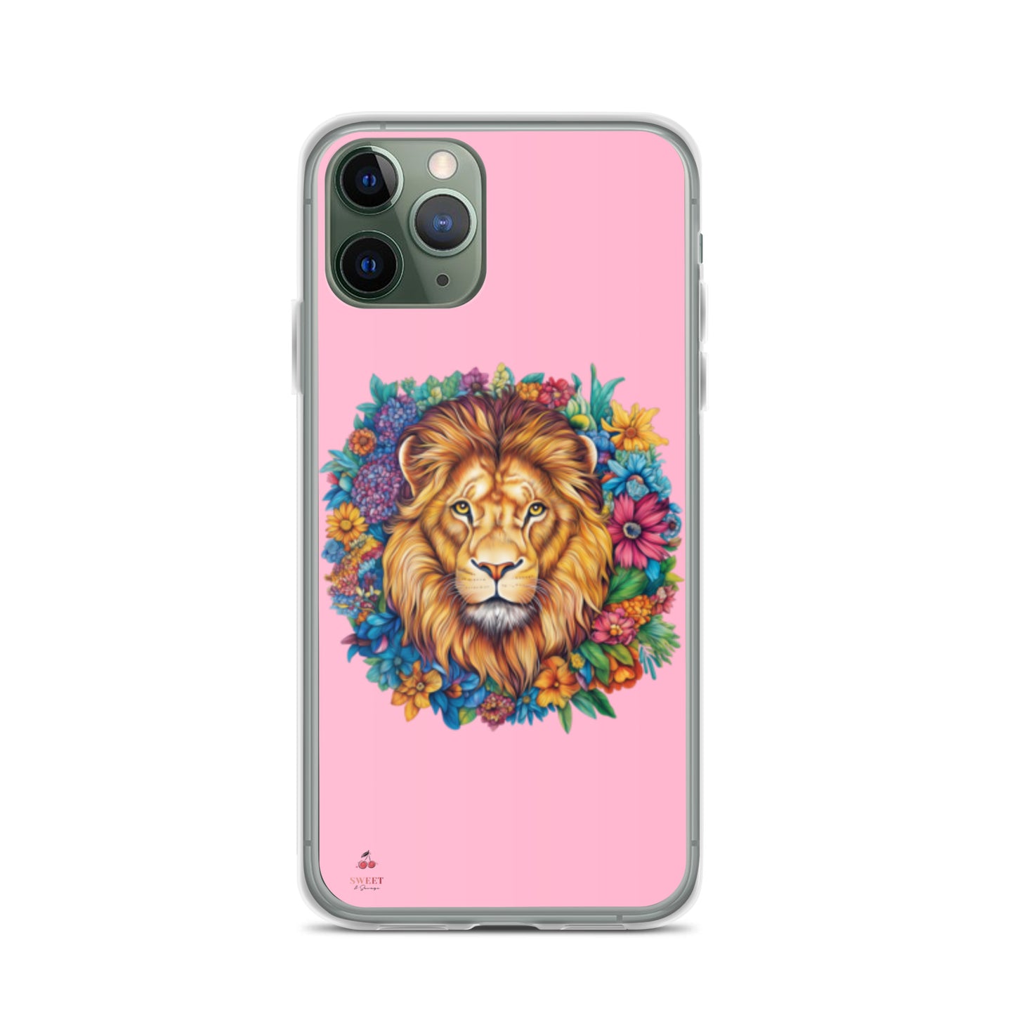 Clear iPhone® case featuring an artistic lion with a colorful floral crown on a soft pink background.