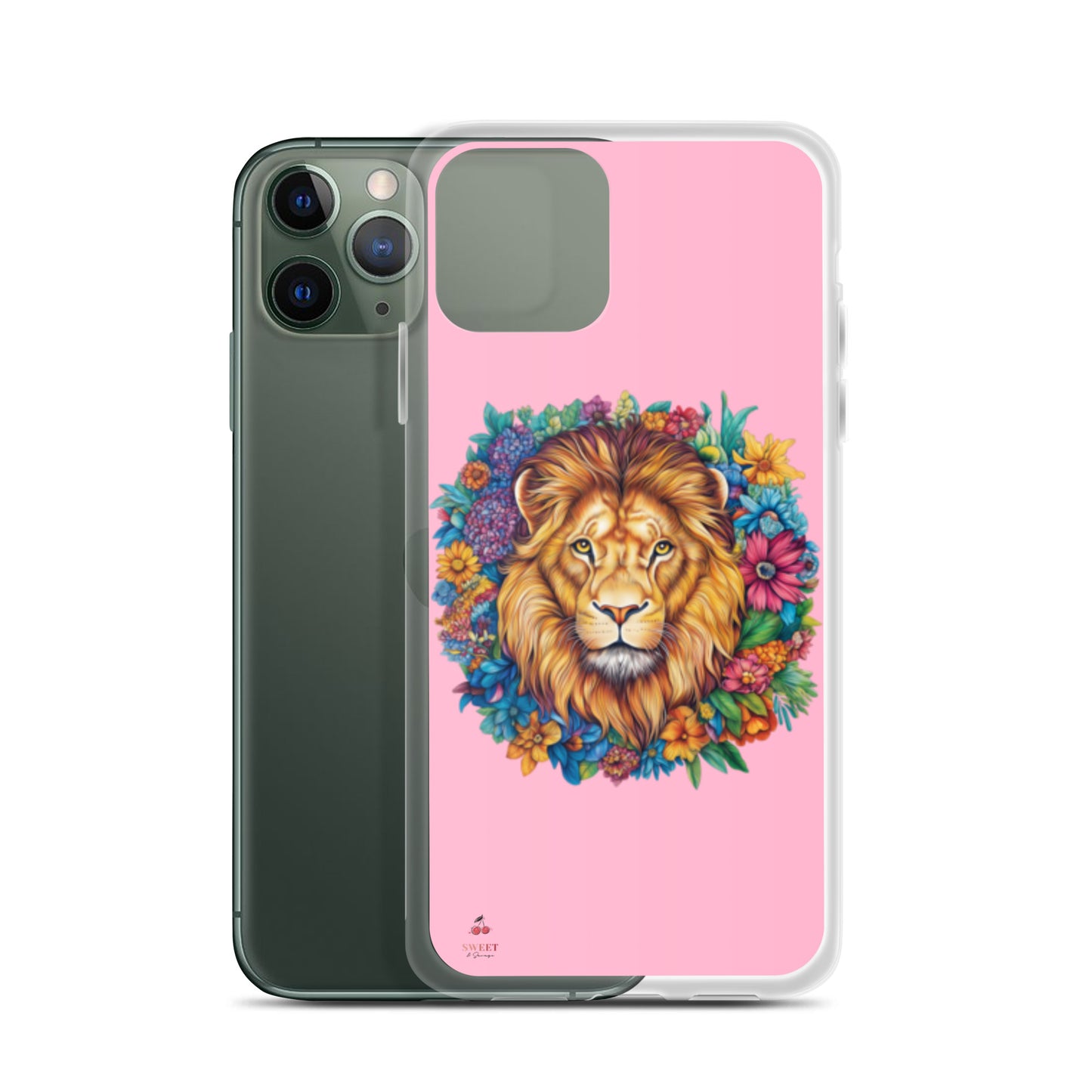 Clear iPhone® case featuring an artistic lion with a colorful floral crown on a soft pink background.