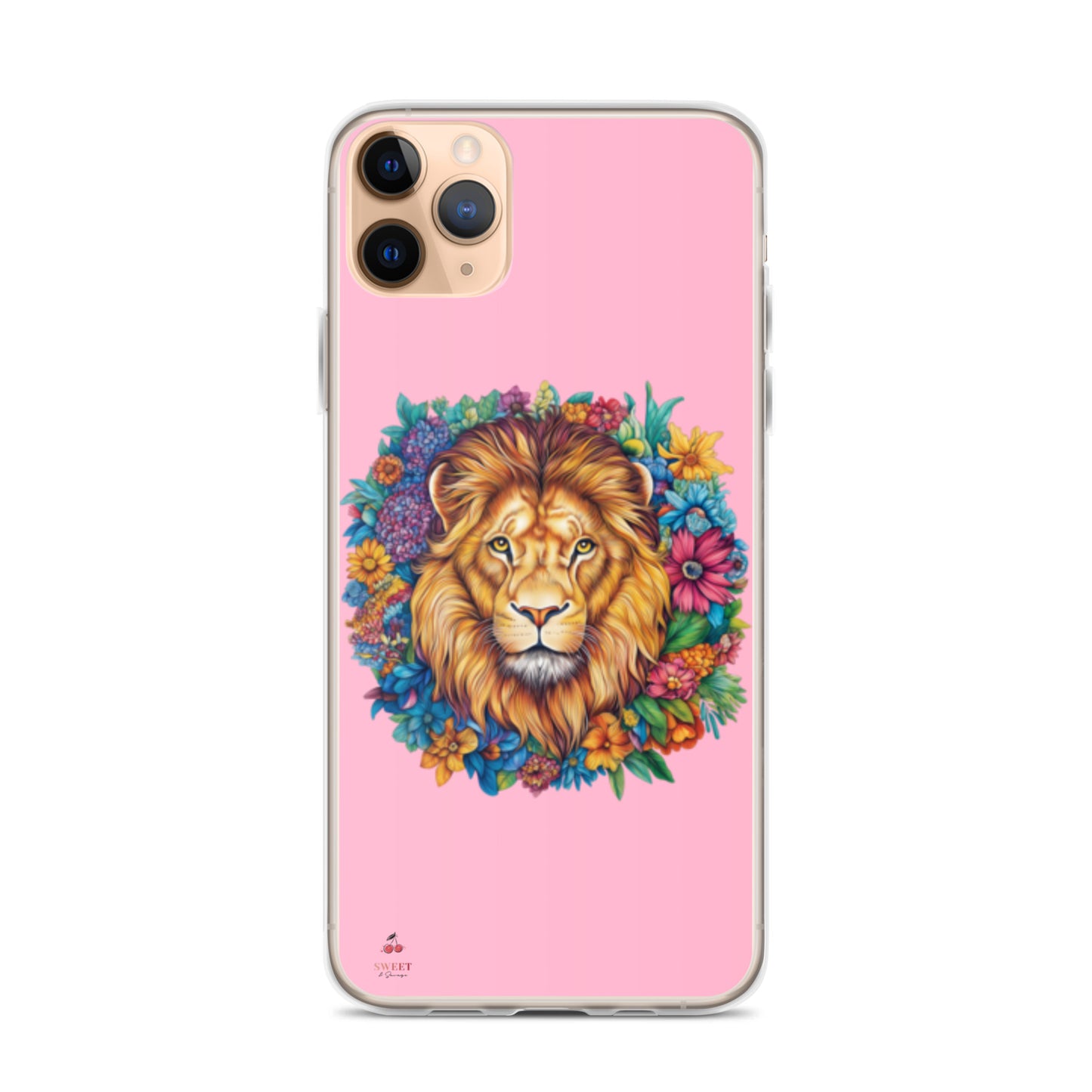 Clear iPhone® case featuring an artistic lion with a colorful floral crown on a soft pink background.