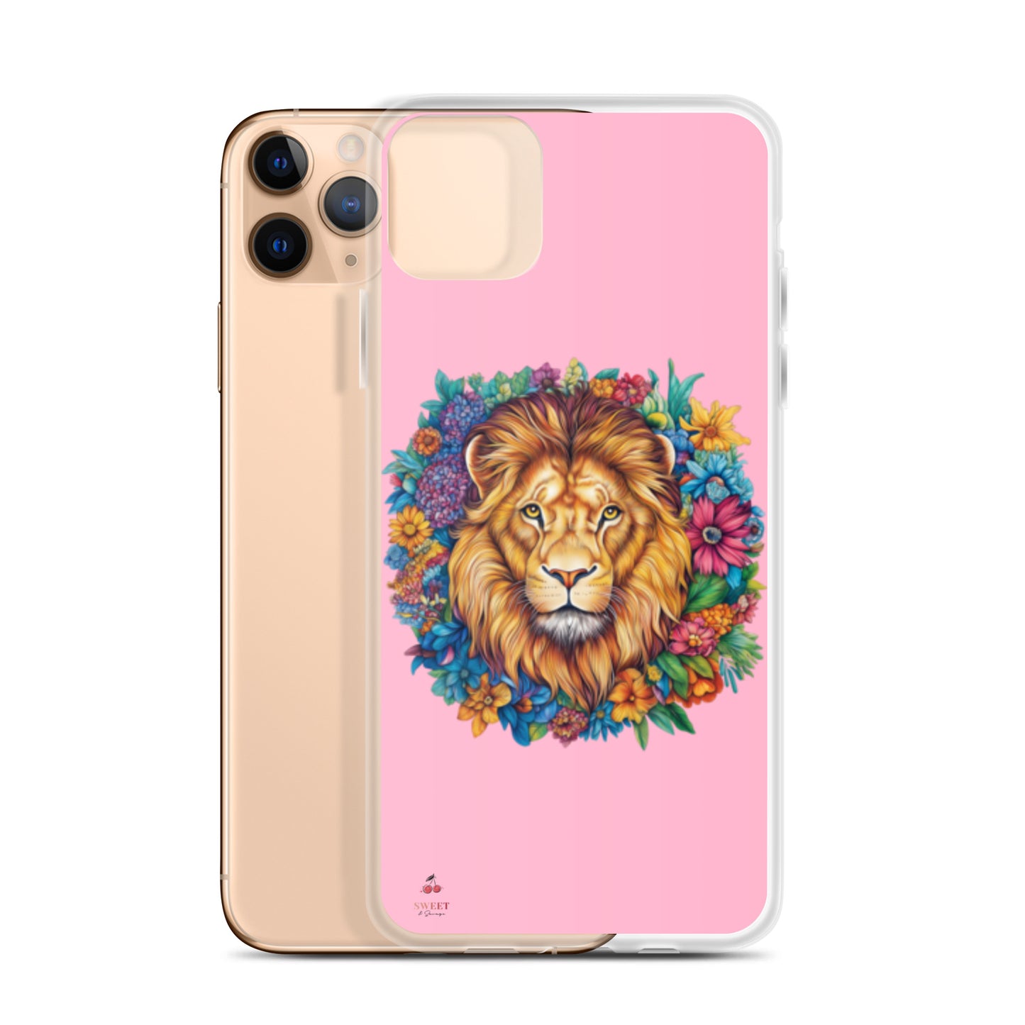 Clear iPhone® case featuring an artistic lion with a colorful floral crown on a soft pink background.