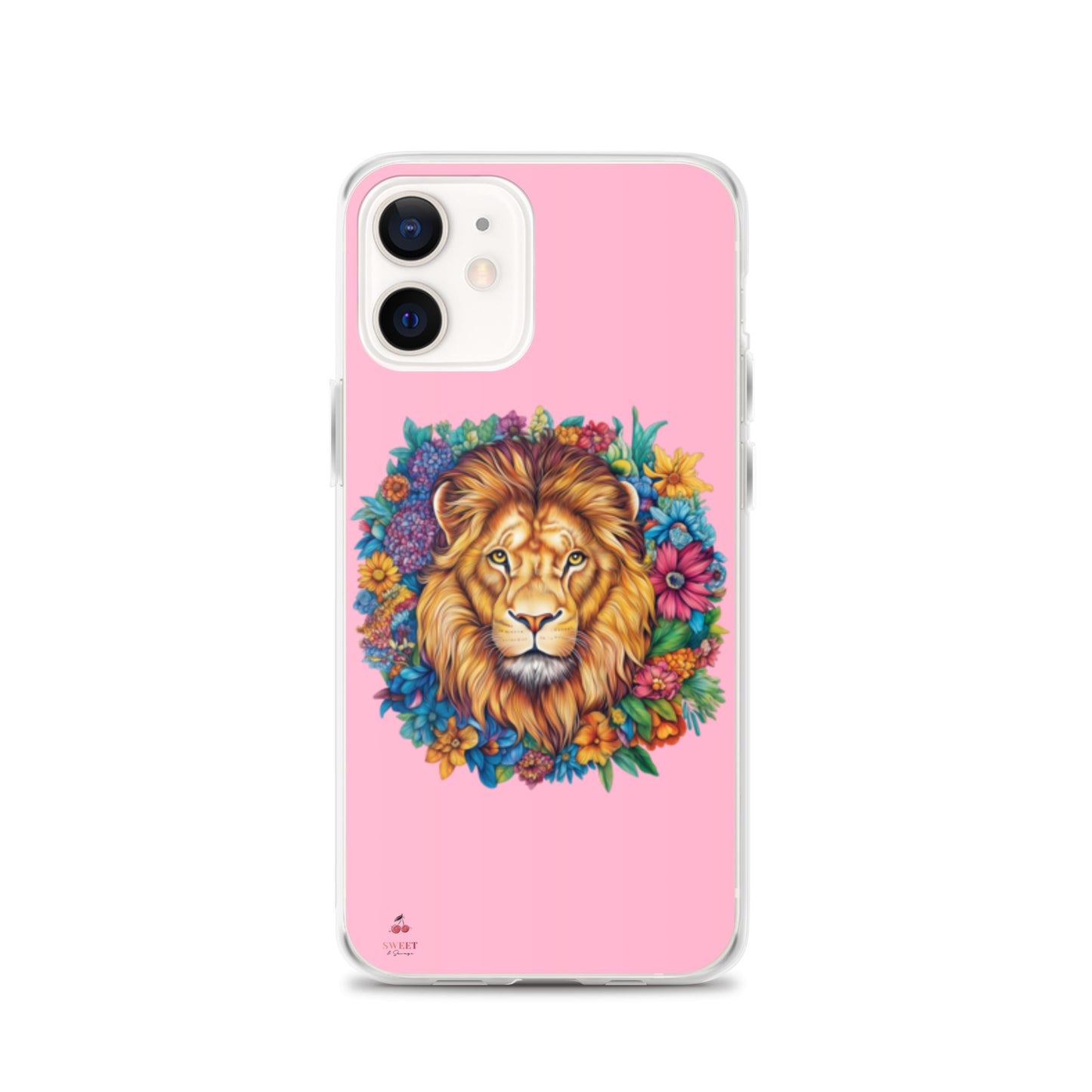 Clear iPhone® case featuring an artistic lion with a colorful floral crown on a soft pink background.