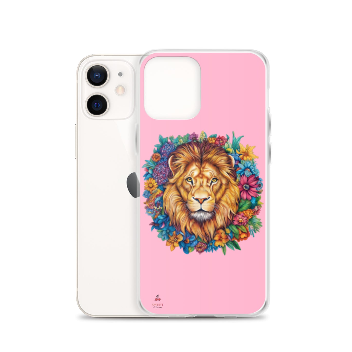 Clear iPhone® case featuring an artistic lion with a colorful floral crown on a soft pink background.