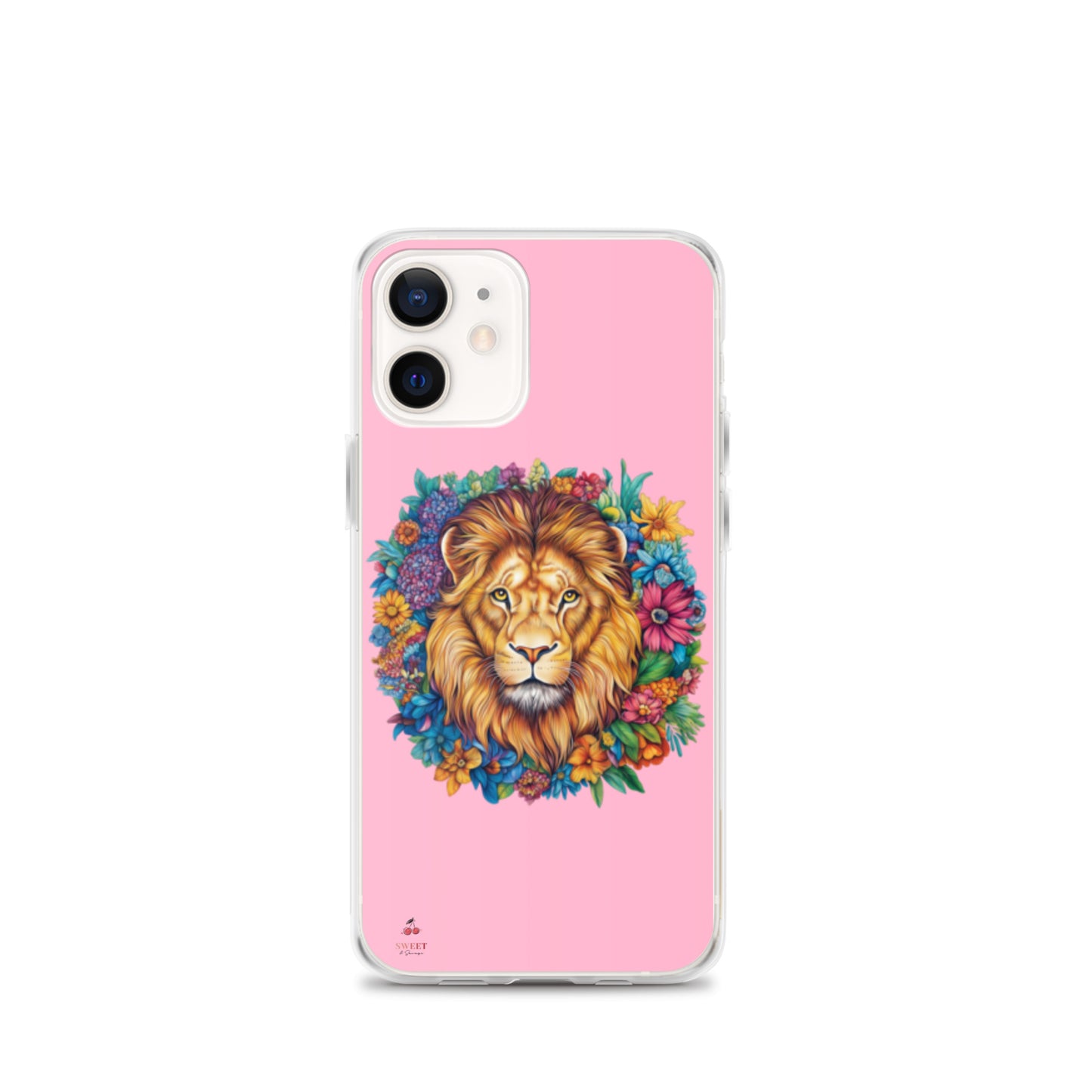 Clear iPhone® case featuring an artistic lion with a colorful floral crown on a soft pink background.