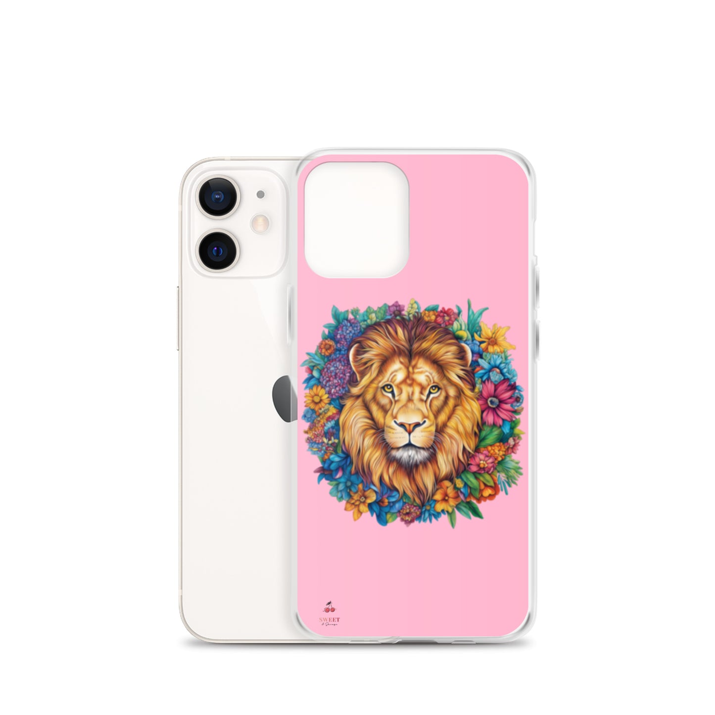 Clear iPhone® case featuring an artistic lion with a colorful floral crown on a soft pink background.