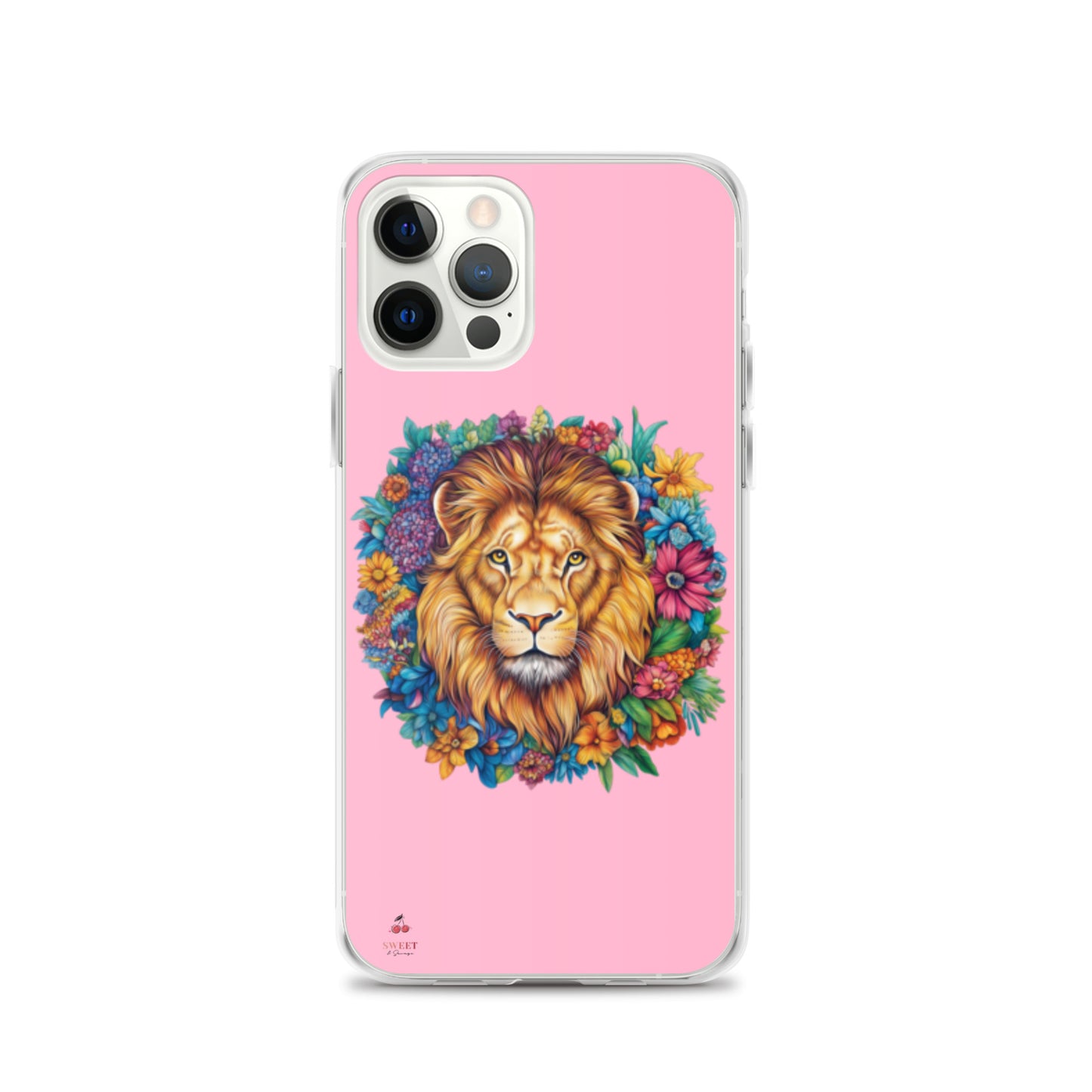 Clear iPhone® case featuring an artistic lion with a colorful floral crown on a soft pink background.