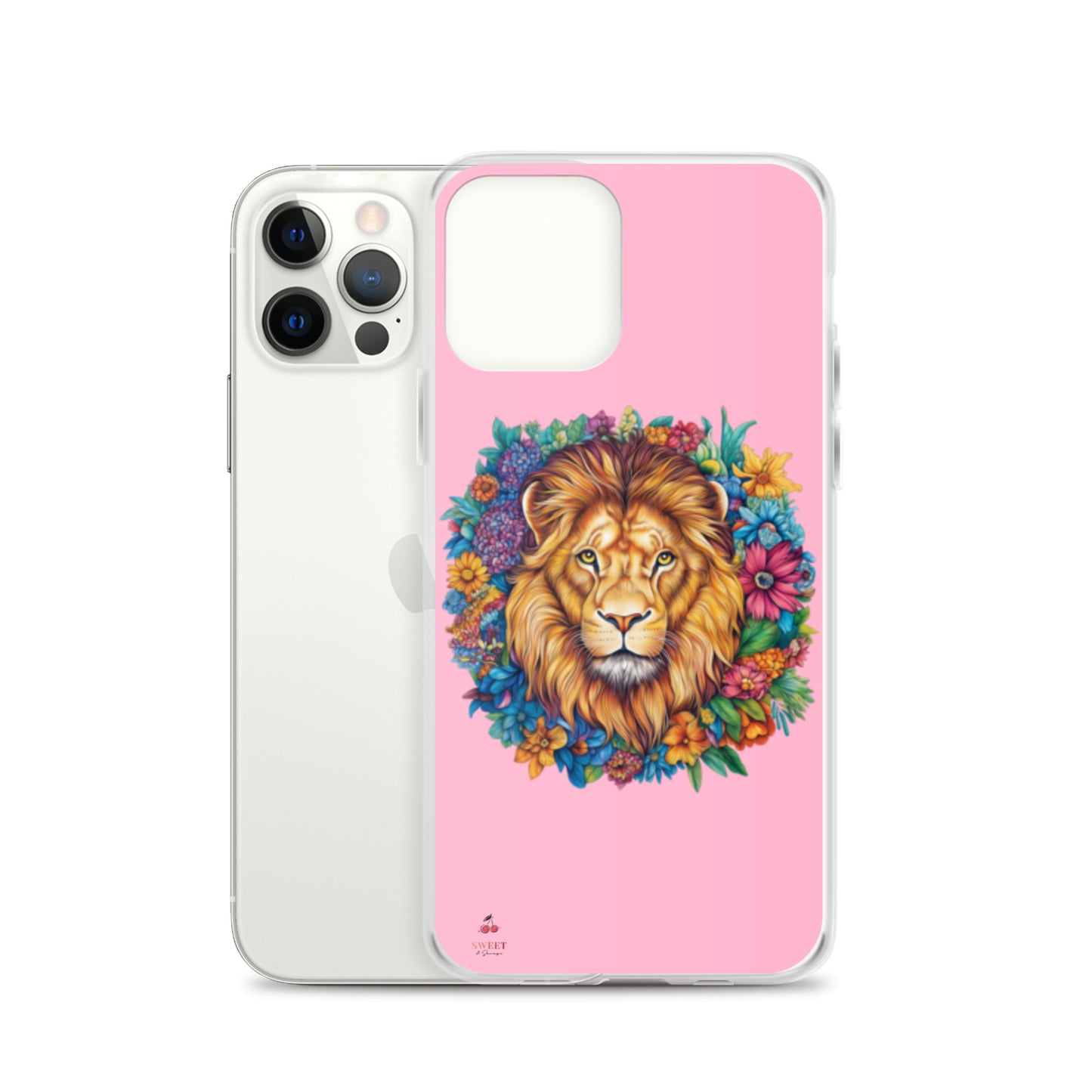Clear iPhone® case featuring an artistic lion with a colorful floral crown on a soft pink background.