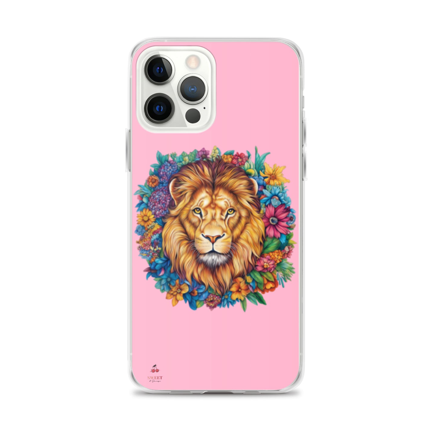 Clear iPhone® case featuring an artistic lion with a colorful floral crown on a soft pink background.