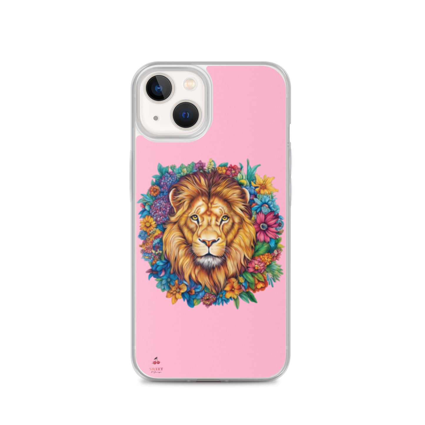 Clear iPhone® case featuring an artistic lion with a colorful floral crown on a soft pink background.