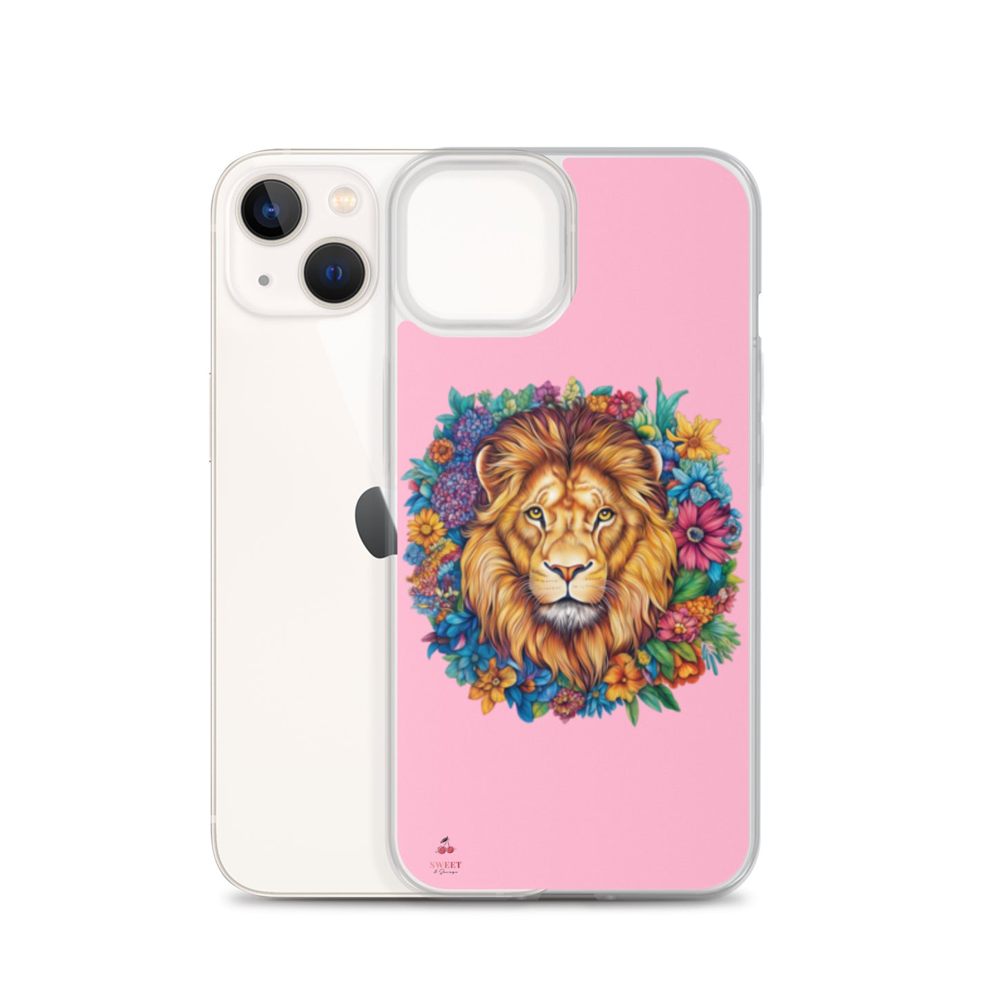 Clear iPhone® case featuring an artistic lion with a colorful floral crown on a soft pink background.