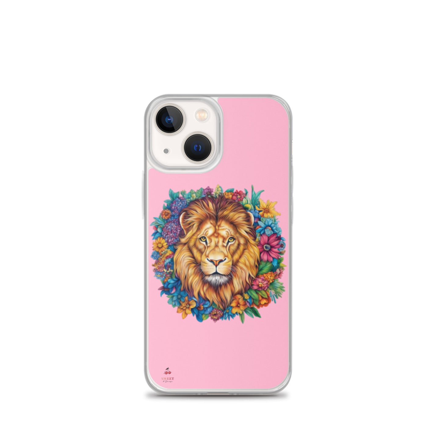 Clear iPhone® case featuring an artistic lion with a colorful floral crown on a soft pink background.