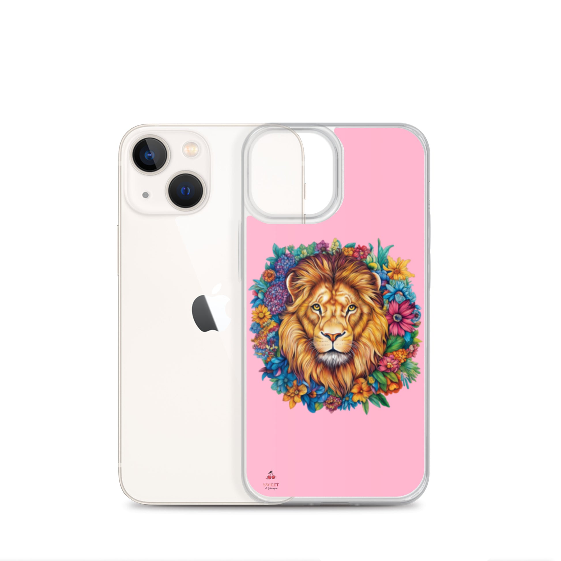 Clear iPhone® case featuring an artistic lion with a colorful floral crown on a soft pink background.