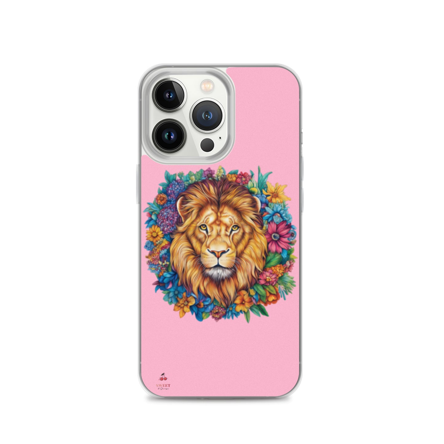 Clear iPhone® case featuring an artistic lion with a colorful floral crown on a soft pink background.