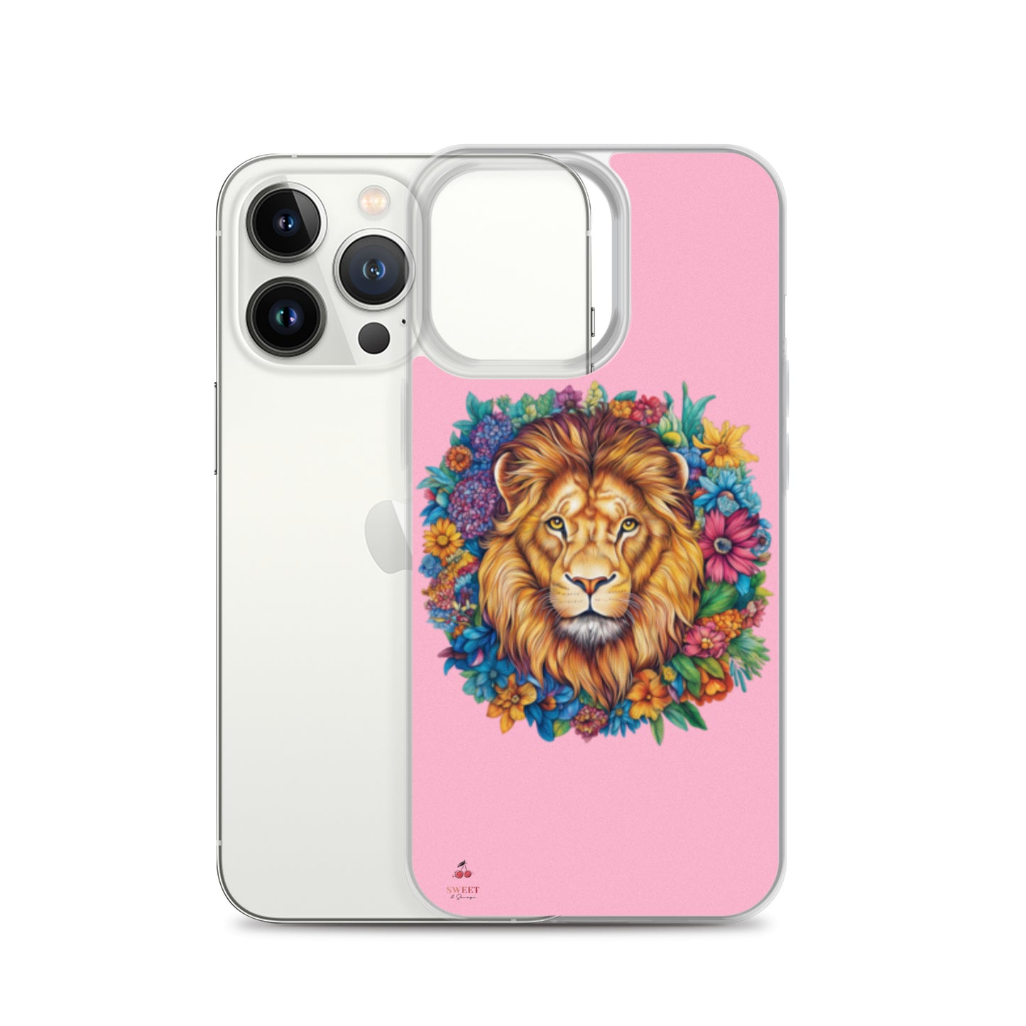 Clear iPhone® case featuring an artistic lion with a colorful floral crown on a soft pink background.