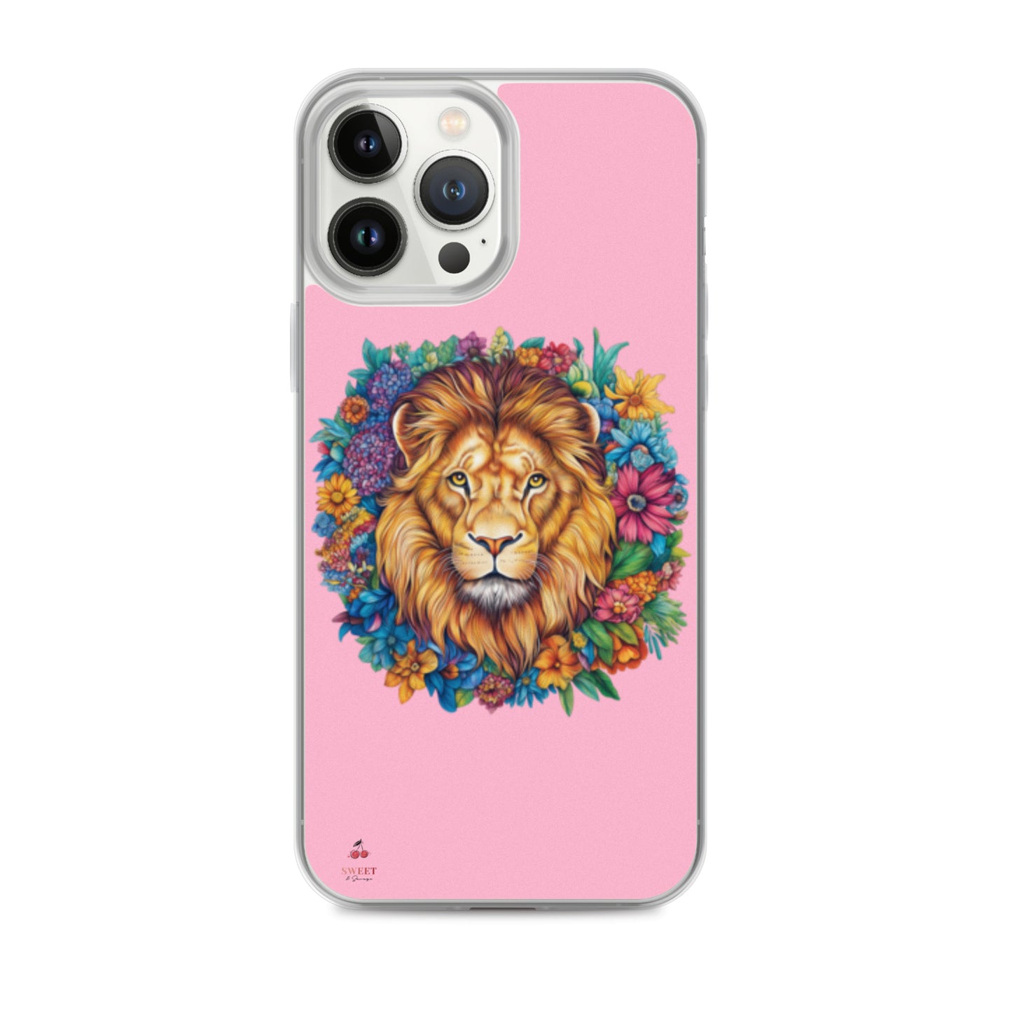 Clear iPhone® case featuring an artistic lion with a colorful floral crown on a soft pink background.