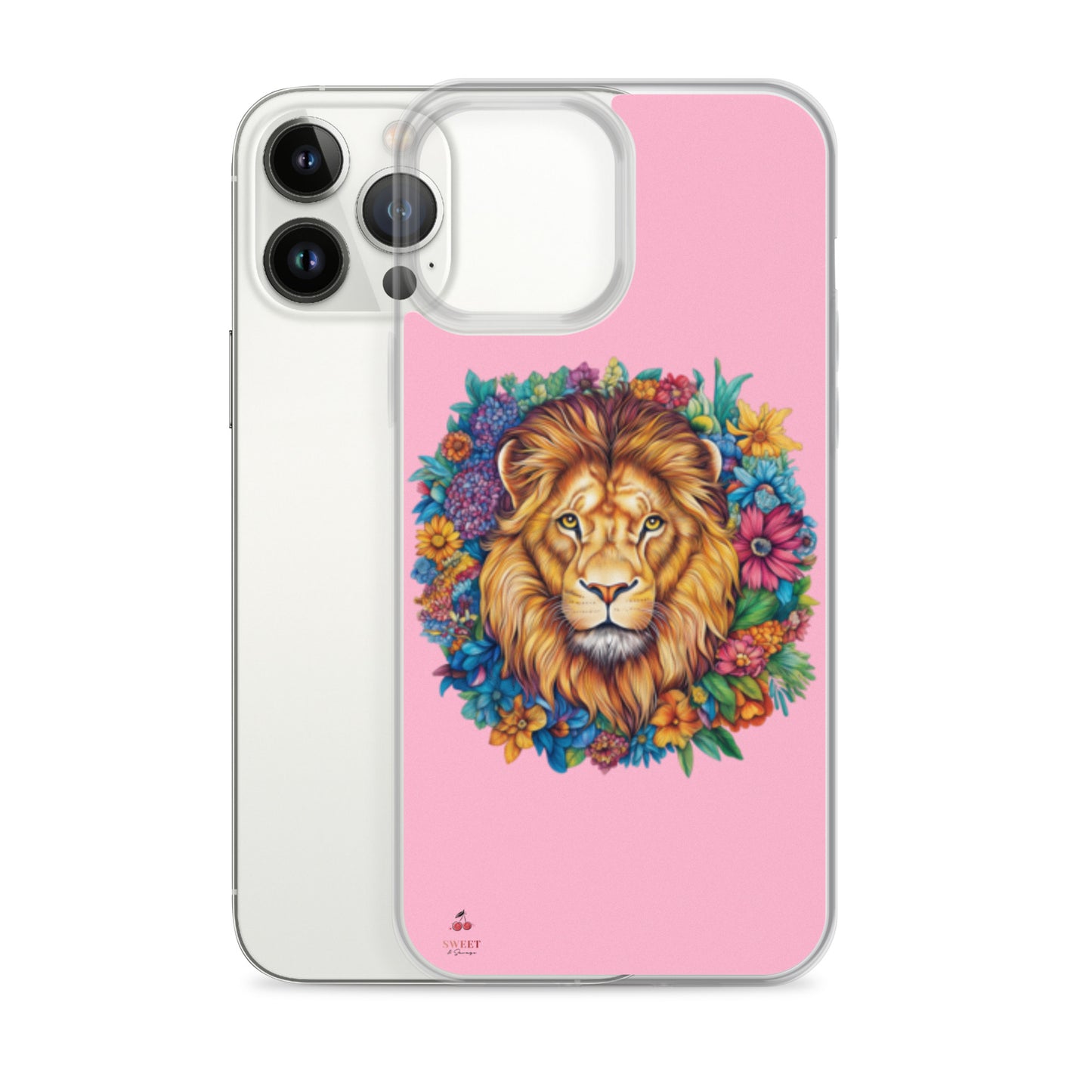 Clear iPhone® case featuring an artistic lion with a colorful floral crown on a soft pink background.