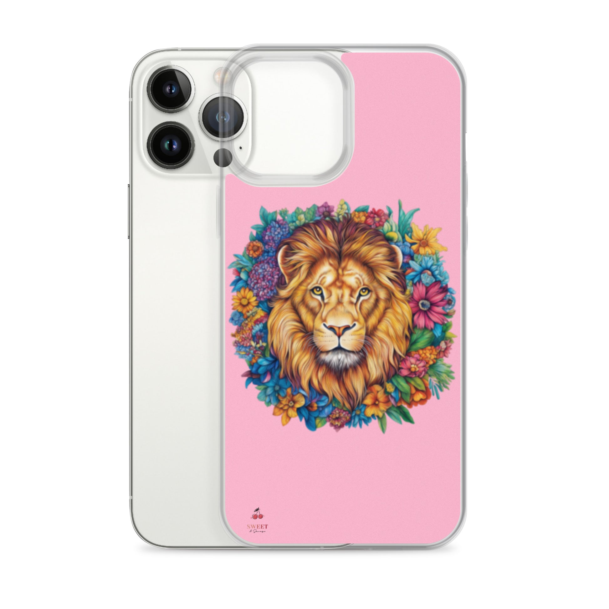 Clear iPhone® case featuring an artistic lion with a colorful floral crown on a soft pink background.