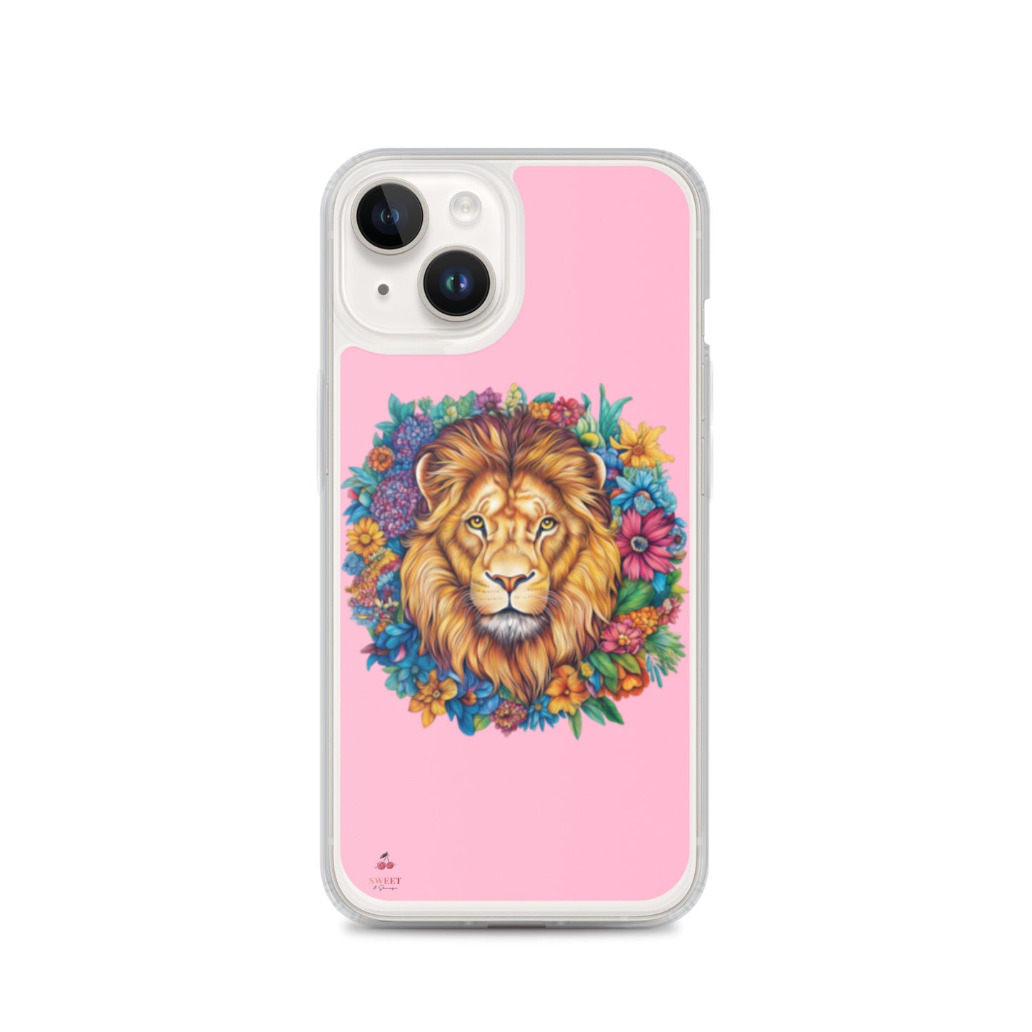 Clear iPhone® case featuring an artistic lion with a colorful floral crown on a soft pink background.