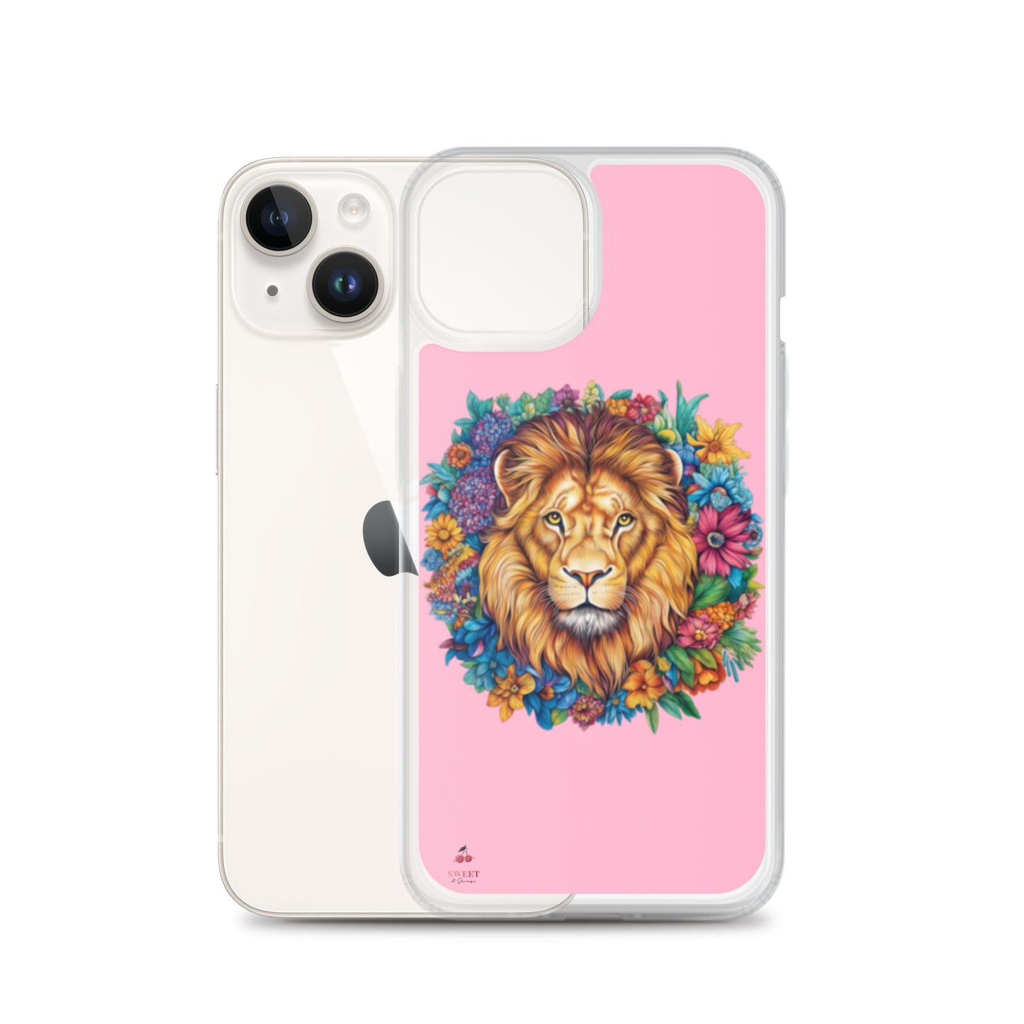 Clear iPhone® case featuring an artistic lion with a colorful floral crown on a soft pink background.