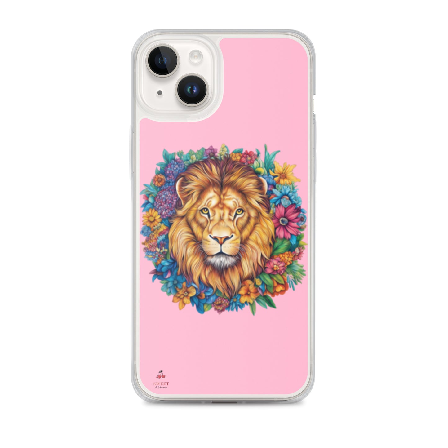 Clear iPhone® case featuring an artistic lion with a colorful floral crown on a soft pink background.