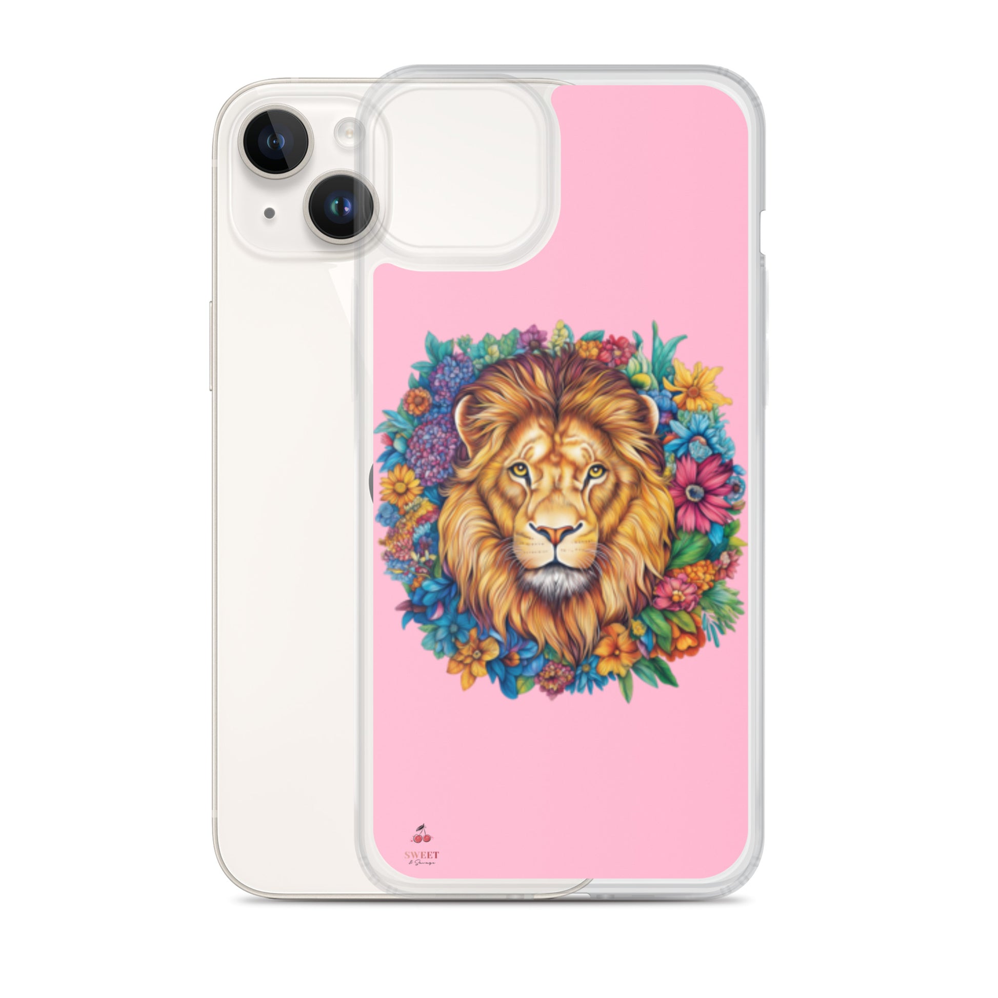 Clear iPhone® case featuring an artistic lion with a colorful floral crown on a soft pink background.