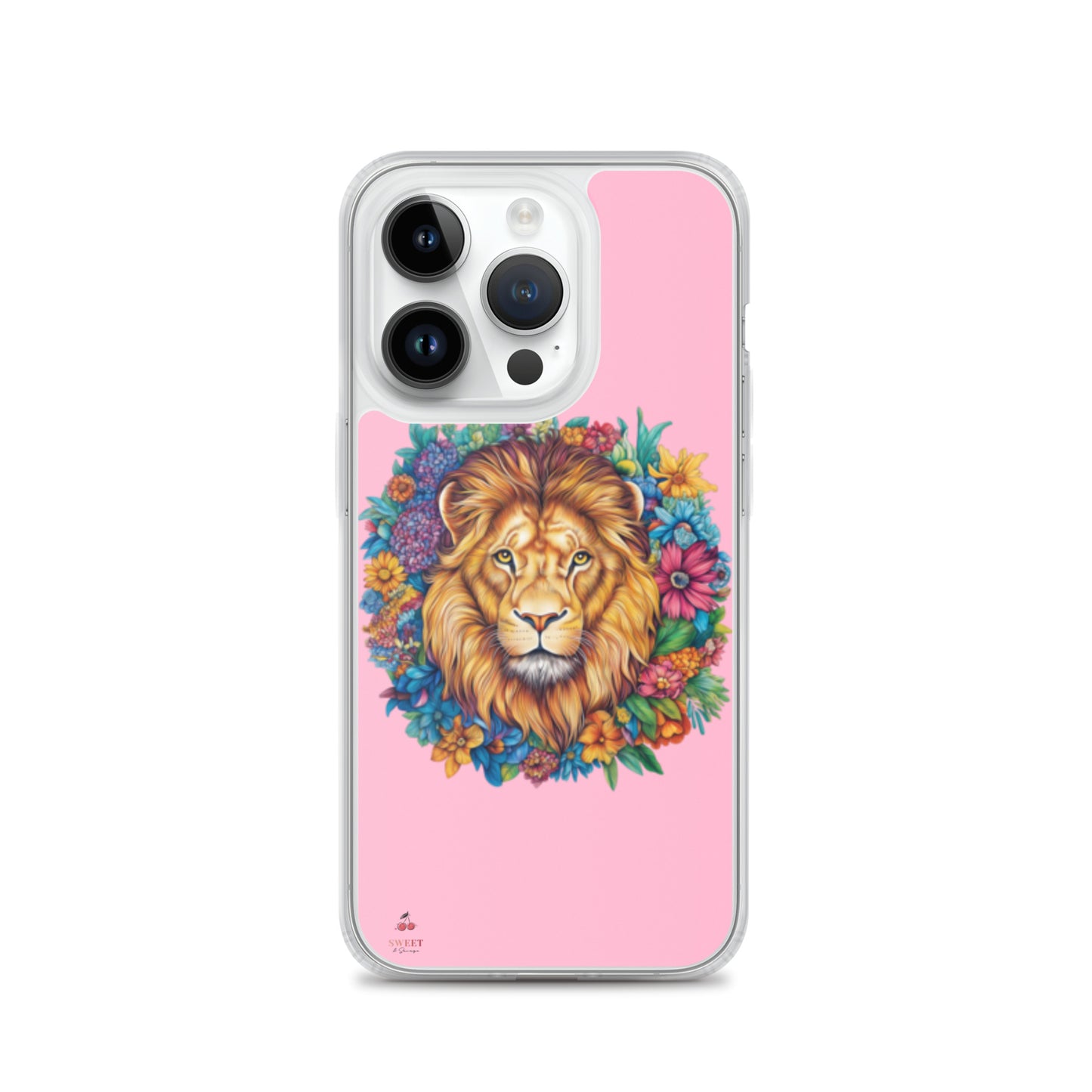 Clear iPhone® case featuring an artistic lion with a colorful floral crown on a soft pink background.