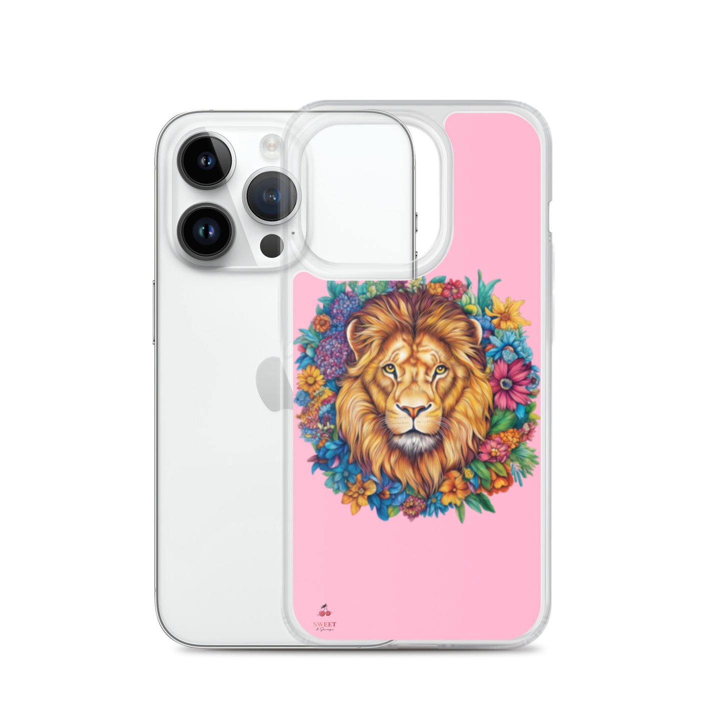 Clear iPhone® case featuring an artistic lion with a colorful floral crown on a soft pink background.