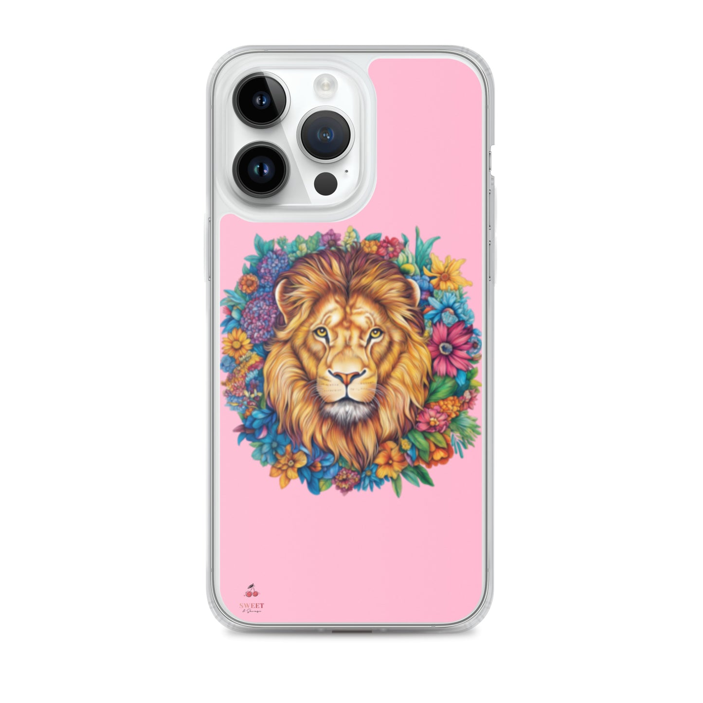 Clear iPhone® case featuring an artistic lion with a colorful floral crown on a soft pink background.