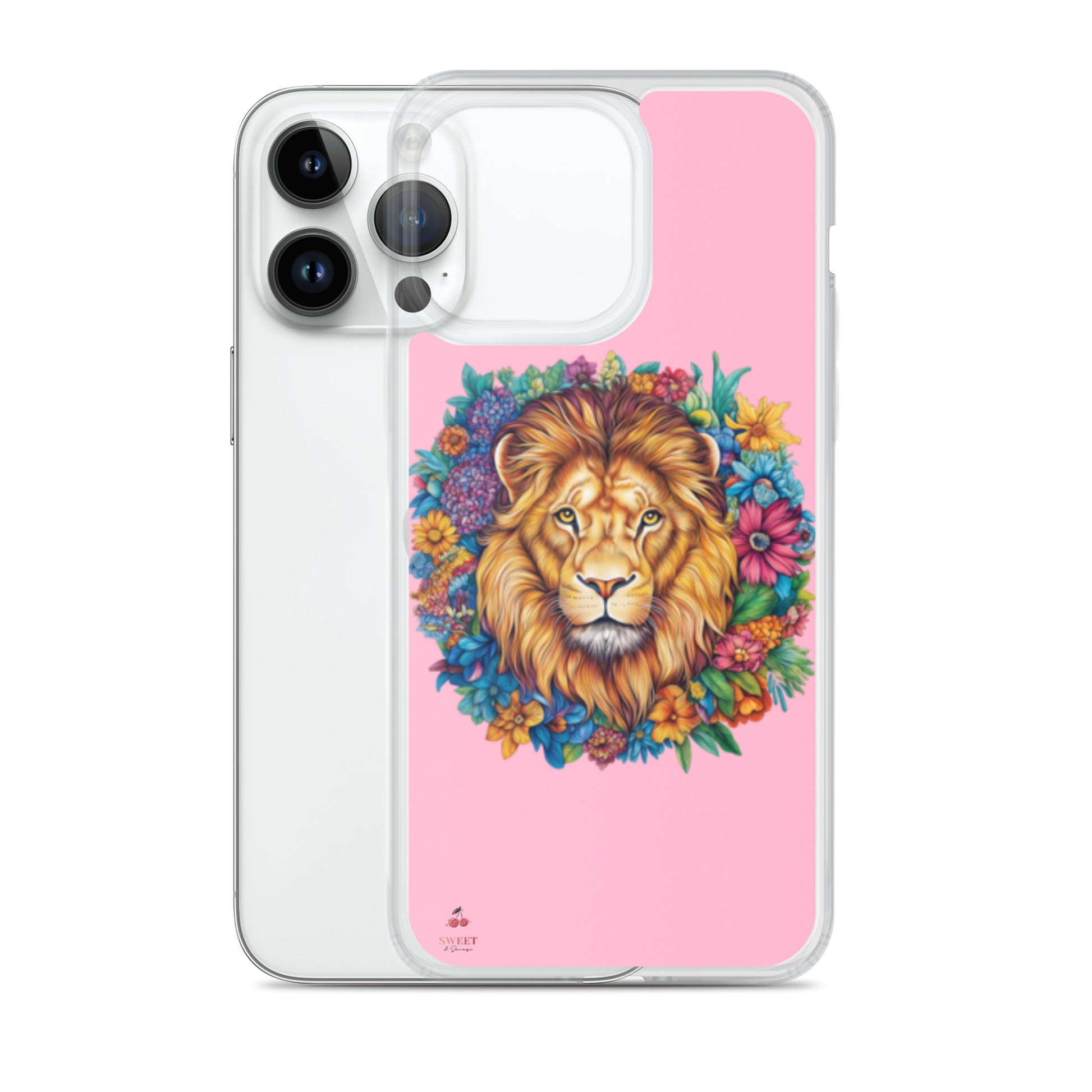 Clear iPhone® case featuring an artistic lion with a colorful floral crown on a soft pink background.