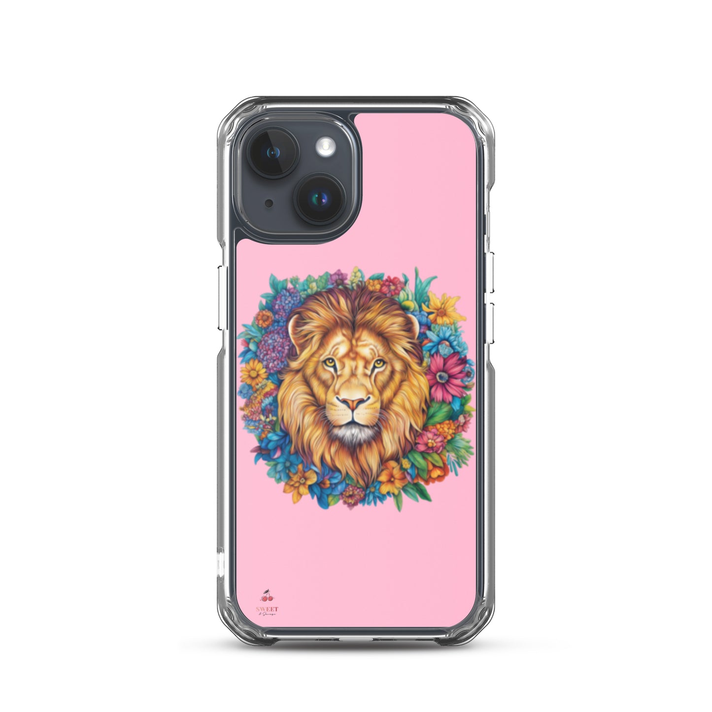 Clear iPhone® case featuring an artistic lion with a colorful floral crown on a soft pink background.