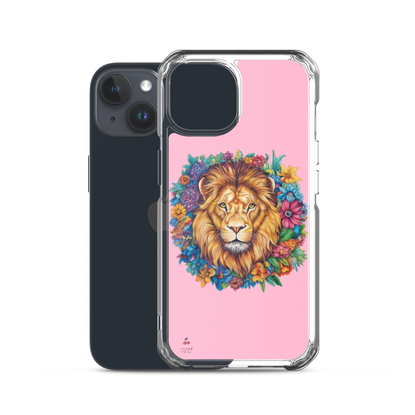 Clear iPhone® case featuring an artistic lion with a colorful floral crown on a soft pink background.
