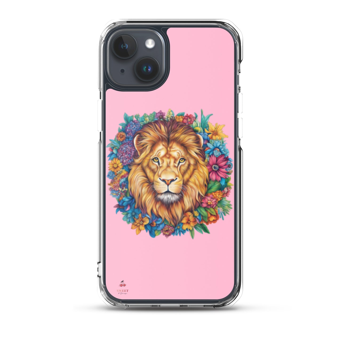 Clear iPhone® case featuring an artistic lion with a colorful floral crown on a soft pink background.