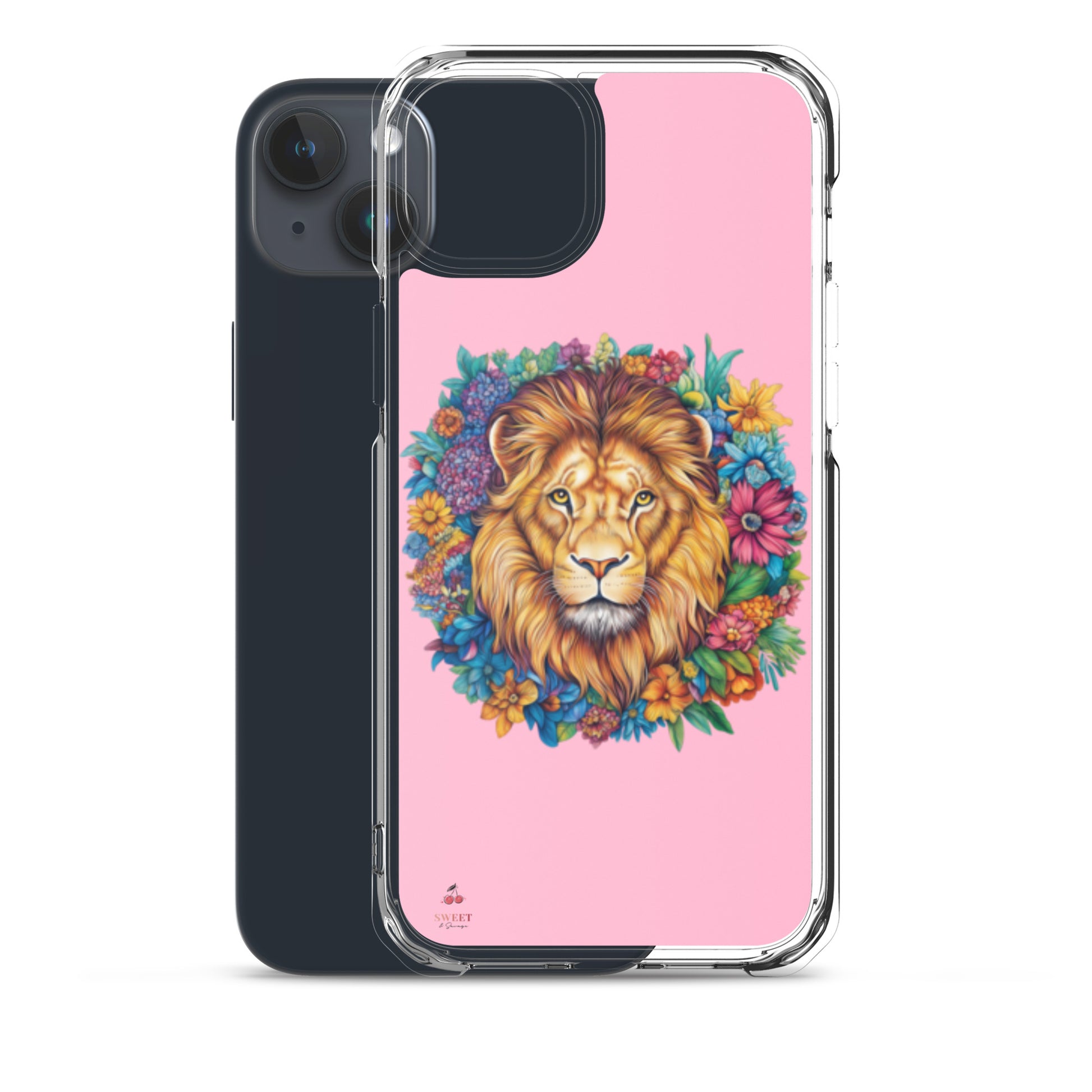 Clear iPhone® case featuring an artistic lion with a colorful floral crown on a soft pink background.