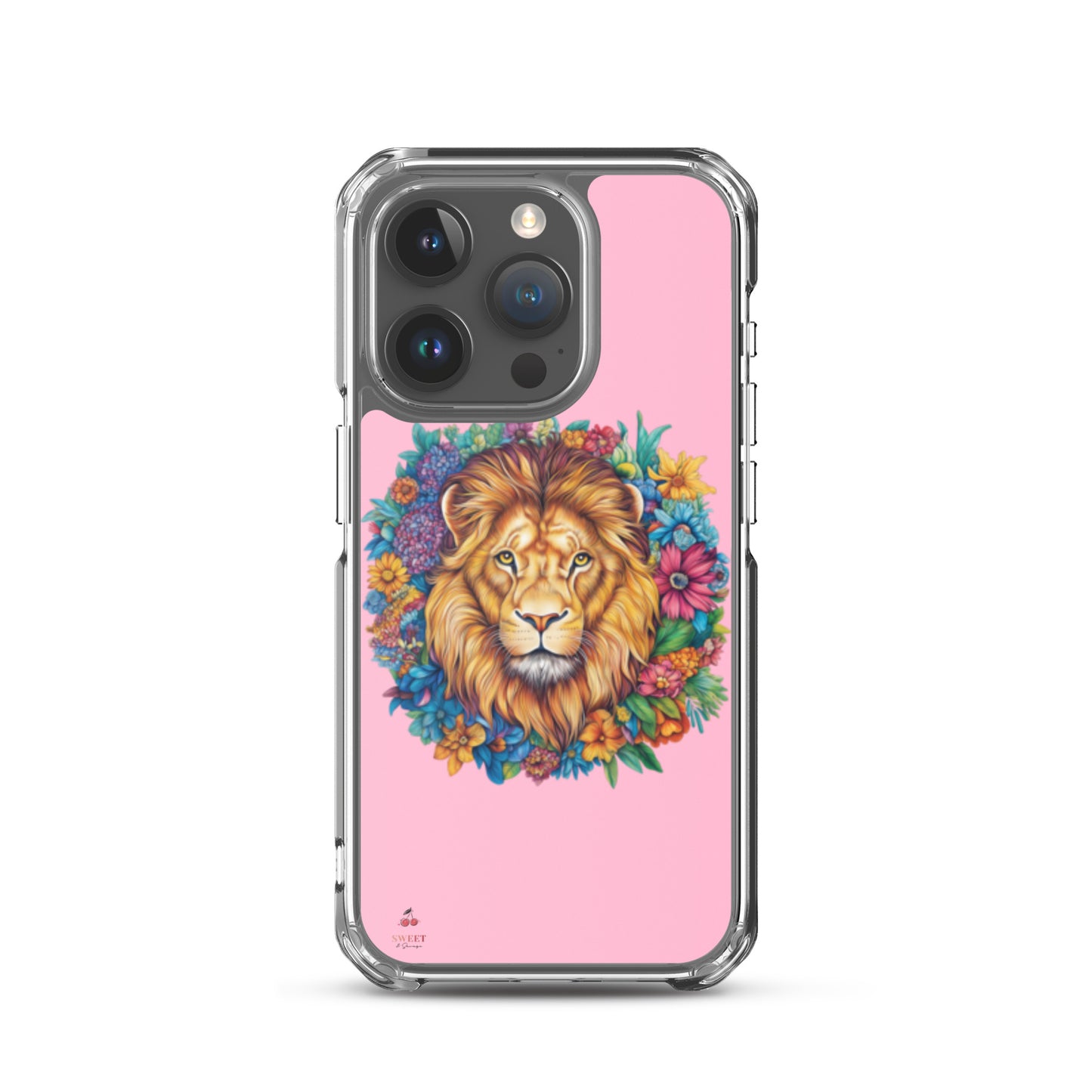 Clear iPhone® case featuring an artistic lion with a colorful floral crown on a soft pink background.