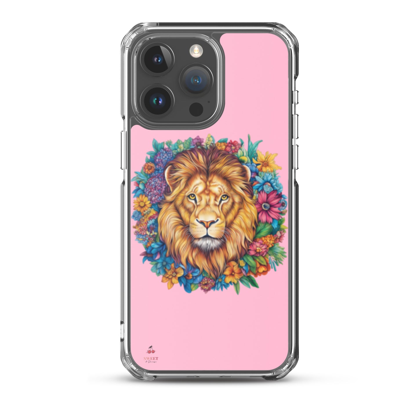 Clear iPhone® case featuring an artistic lion with a colorful floral crown on a soft pink background.