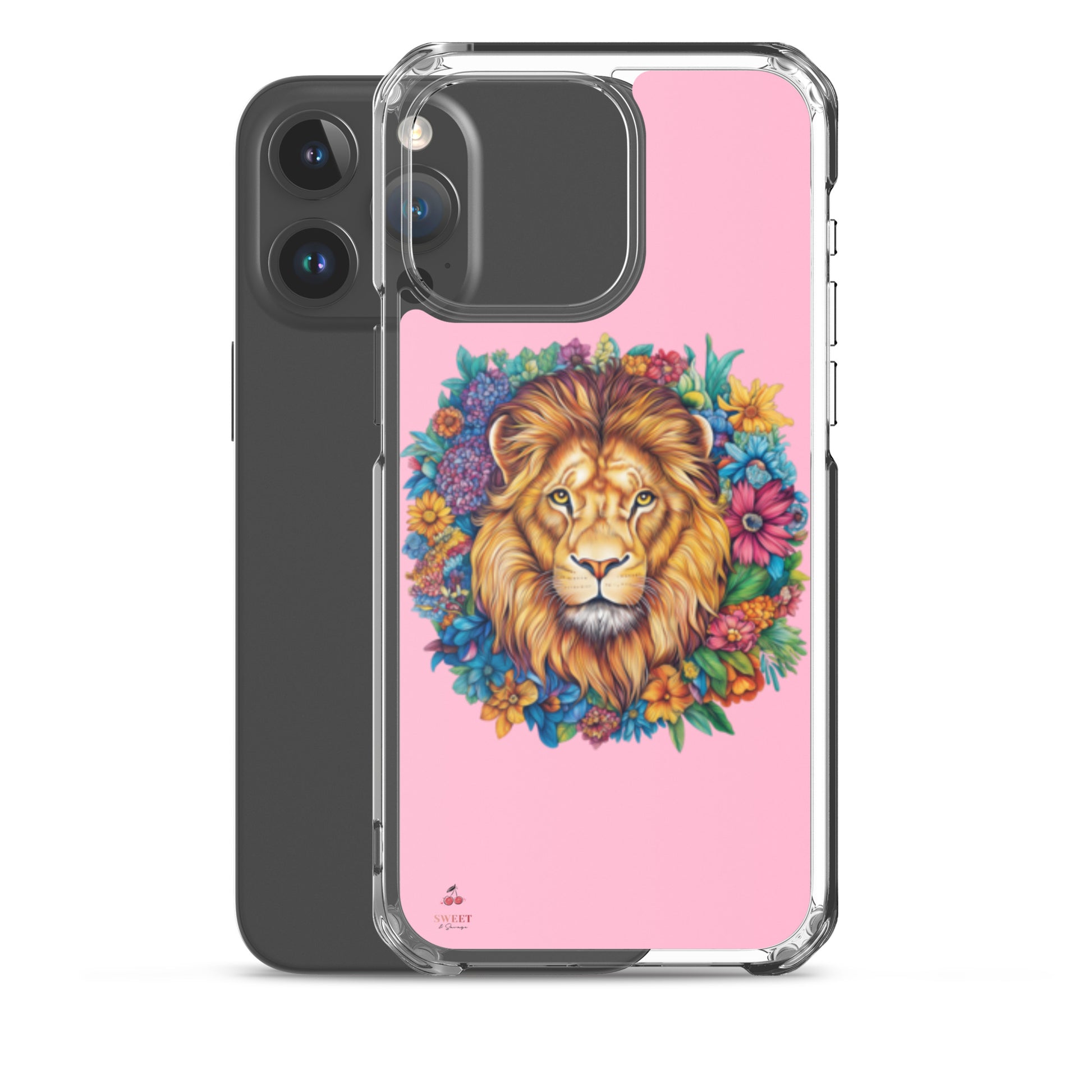 Clear iPhone® case featuring an artistic lion with a colorful floral crown on a soft pink background.