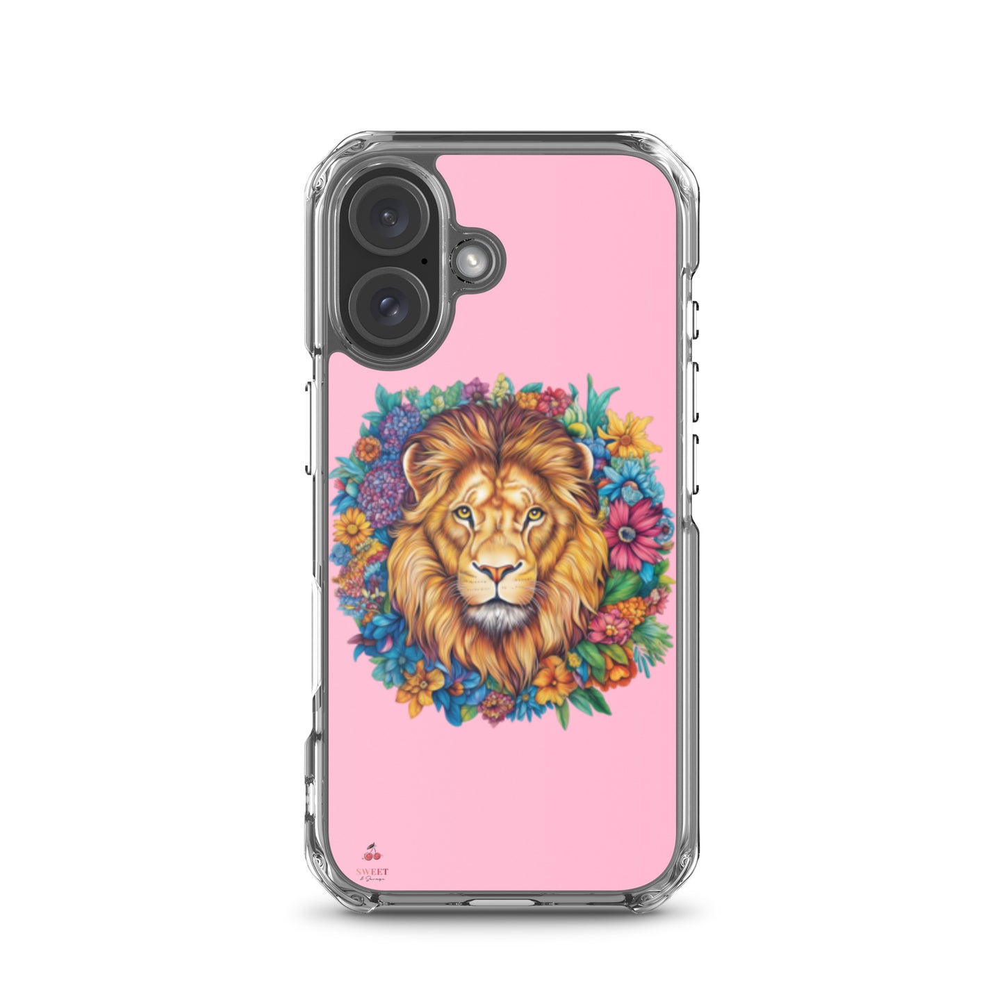 Clear iPhone® case featuring an artistic lion with a colorful floral crown on a soft pink background.