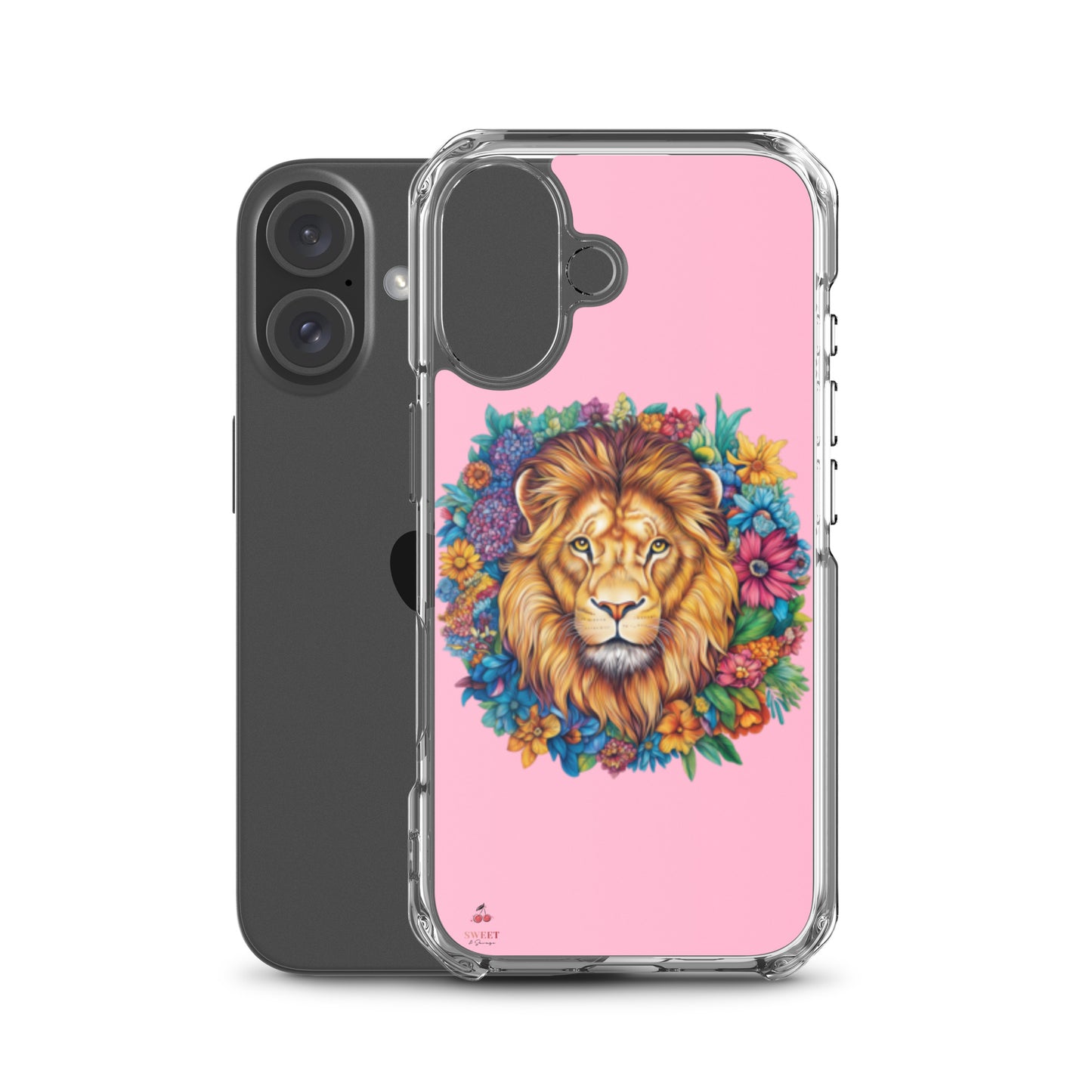 Clear iPhone® case featuring an artistic lion with a colorful floral crown on a soft pink background.