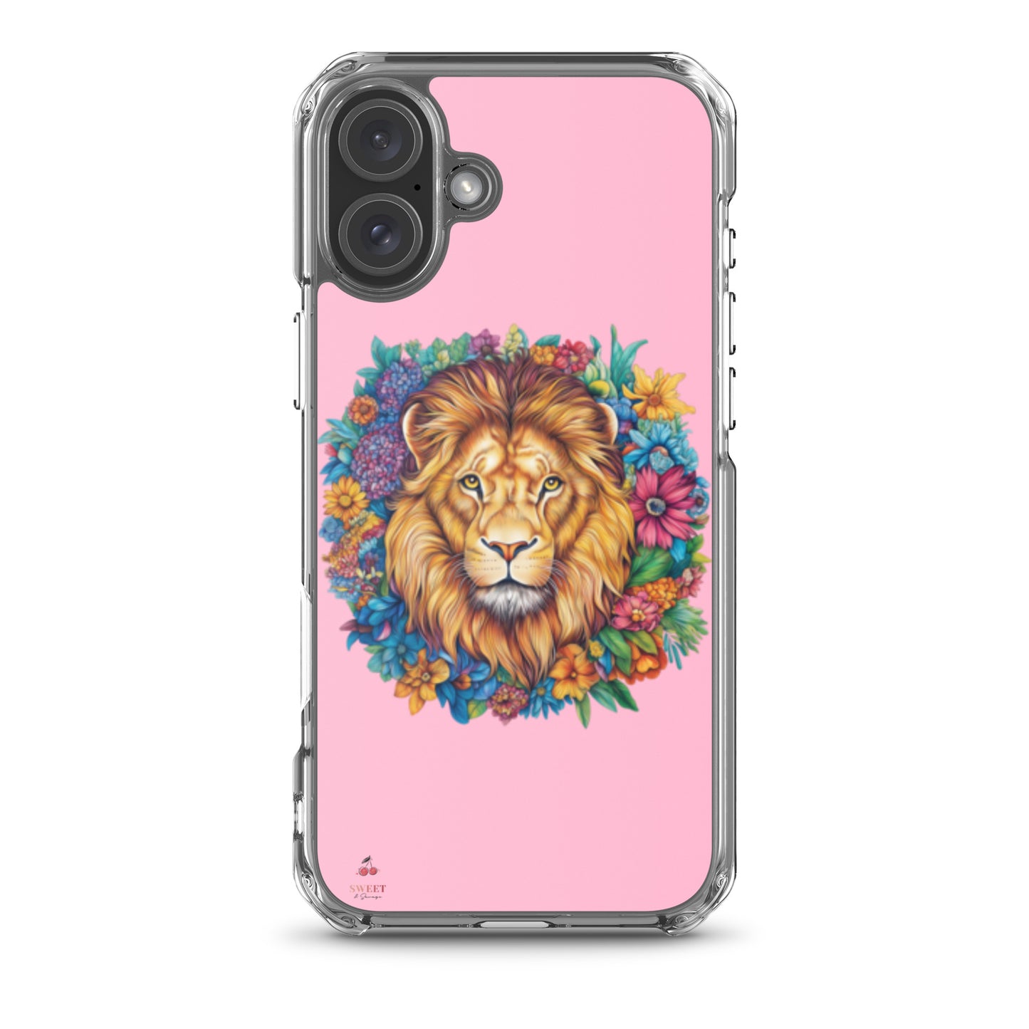 Clear iPhone® case featuring an artistic lion with a colorful floral crown on a soft pink background.