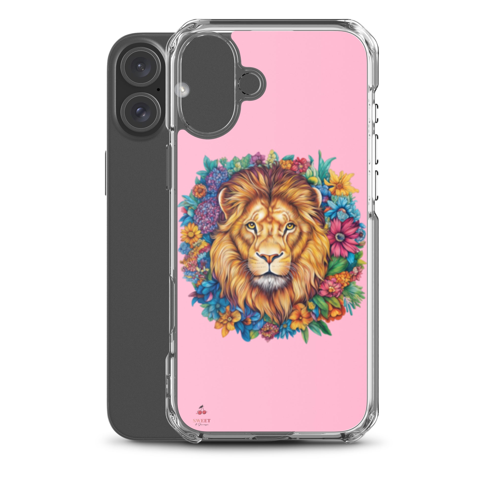 Clear iPhone® case featuring an artistic lion with a colorful floral crown on a soft pink background.