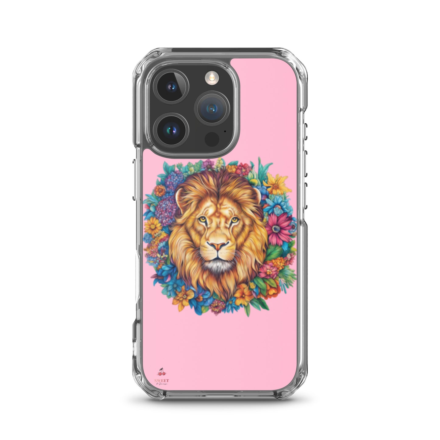Clear iPhone® case featuring an artistic lion with a colorful floral crown on a soft pink background.