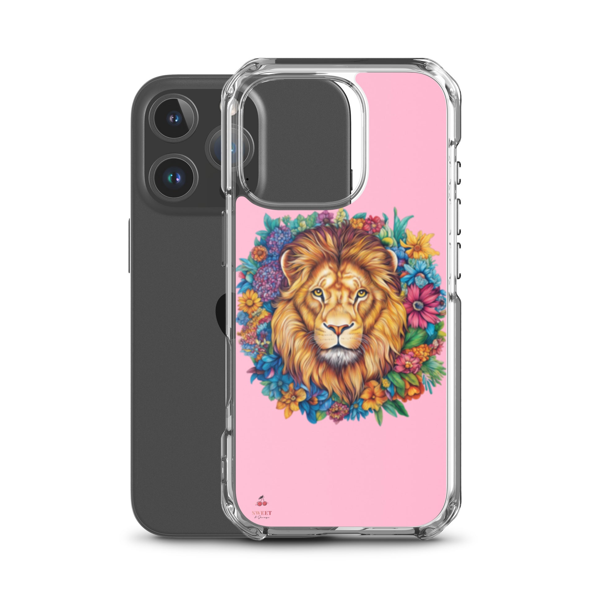 Clear iPhone® case featuring an artistic lion with a colorful floral crown on a soft pink background.
