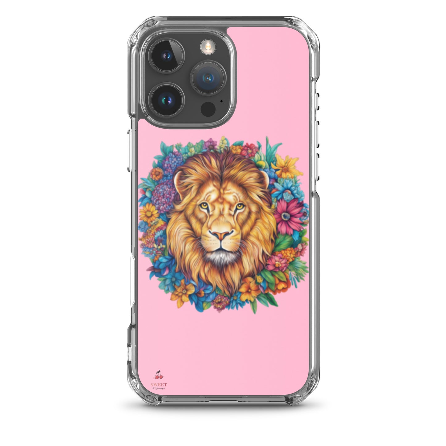 Clear iPhone® case featuring an artistic lion with a colorful floral crown on a soft pink background.